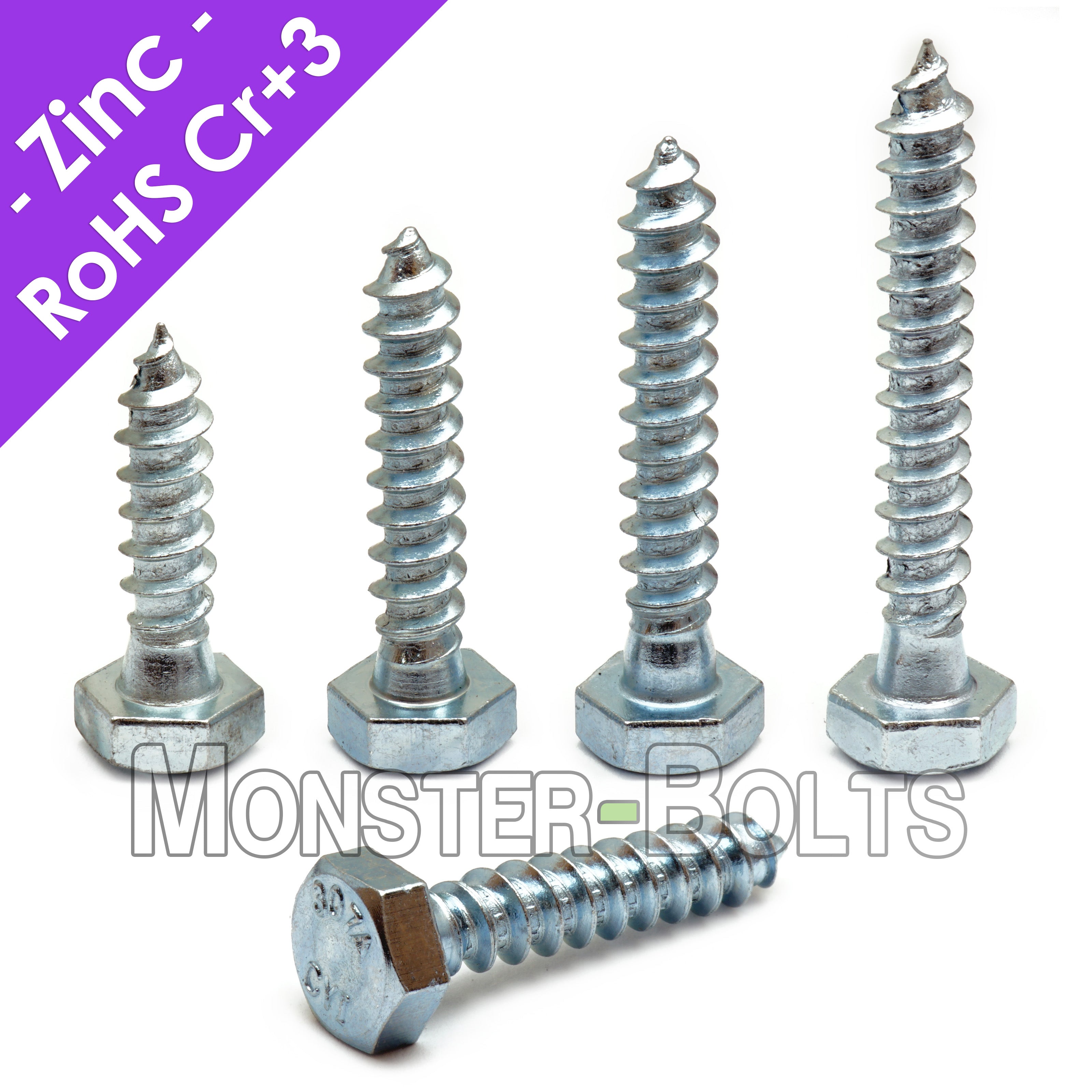 Bulk 1/4" Hex Lag Screws, Zinc Plated Steel CR+3