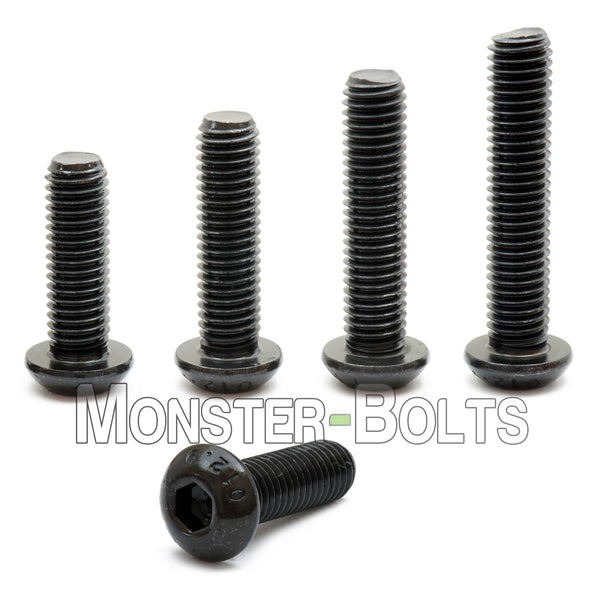 #10-24 Black button head socket cap screws in increasing lengths on white background.