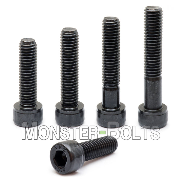 Black #6-40 Socket Head Socket Cap screws in increasing lengths on white background.