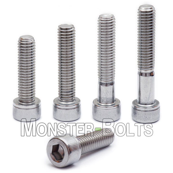 Stainless Steel #10-24 Socket Head Cap screws in increasing lengths on white background.