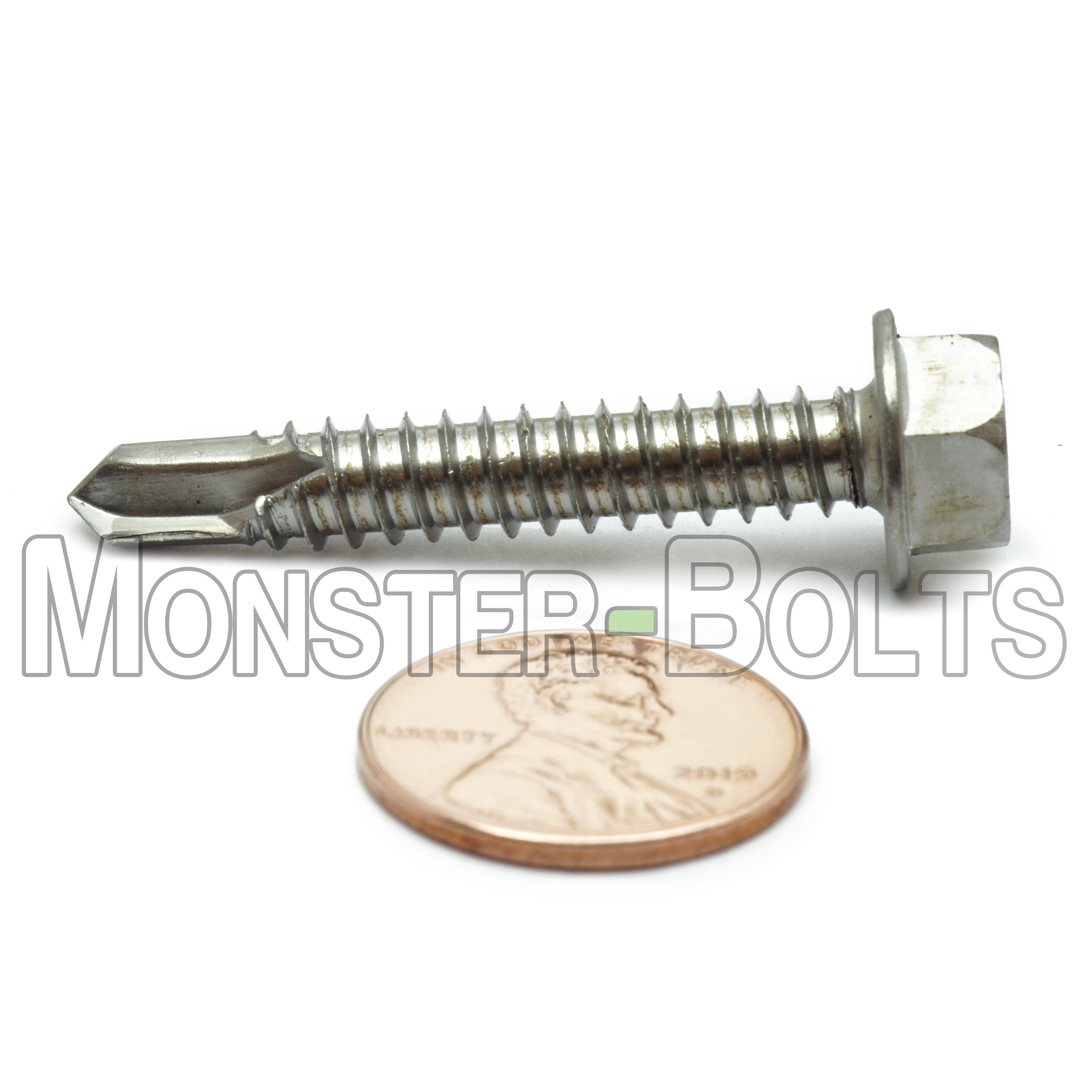 1/4" Indent Hex Washer Head Self-Drilling Screws (#3 Point), Hardened 410 Stainless Steel (Bulk)