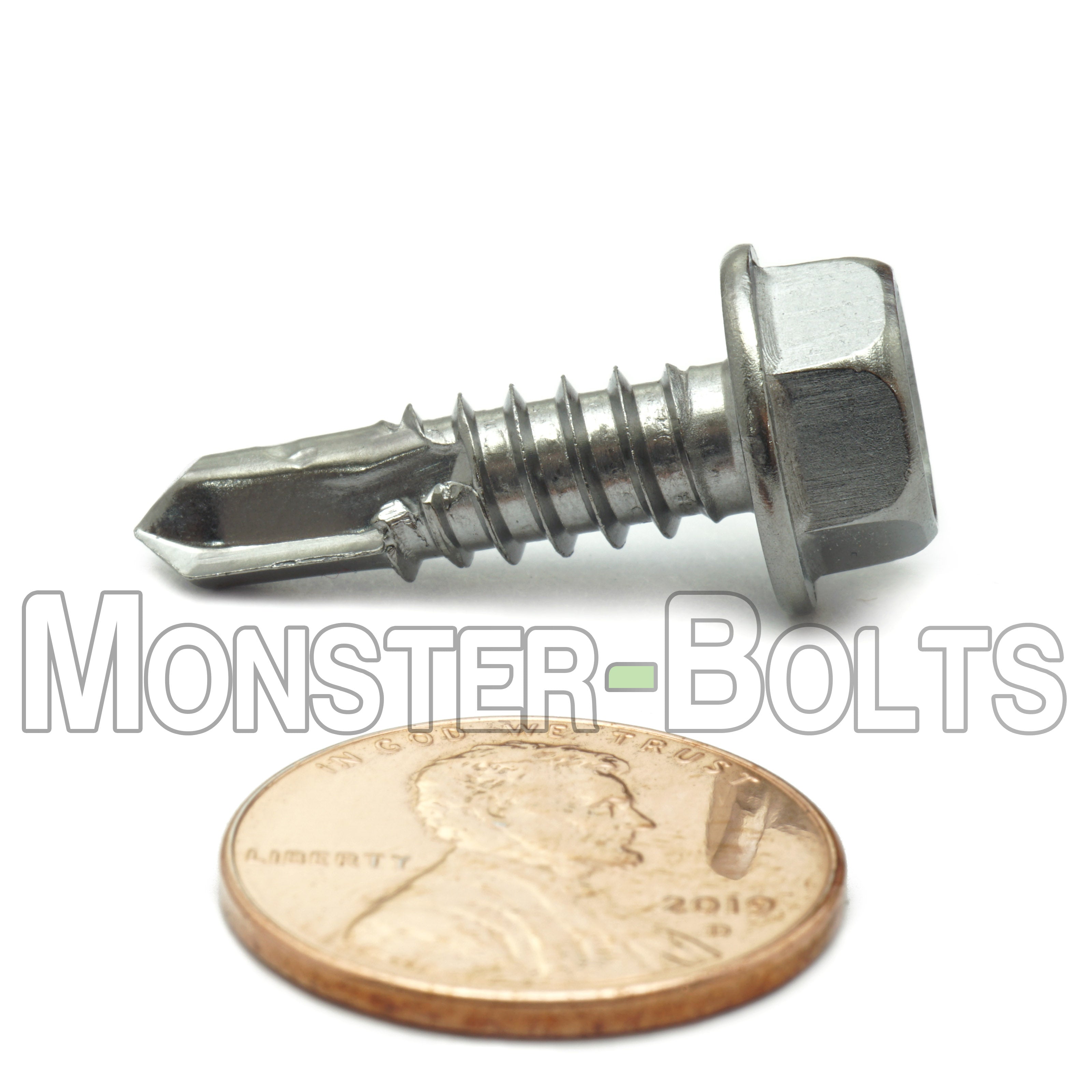 1/4" Indent Hex Washer Head Self-Drilling Screws (#3 Point), Hardened 410 Stainless Steel (Bulk)