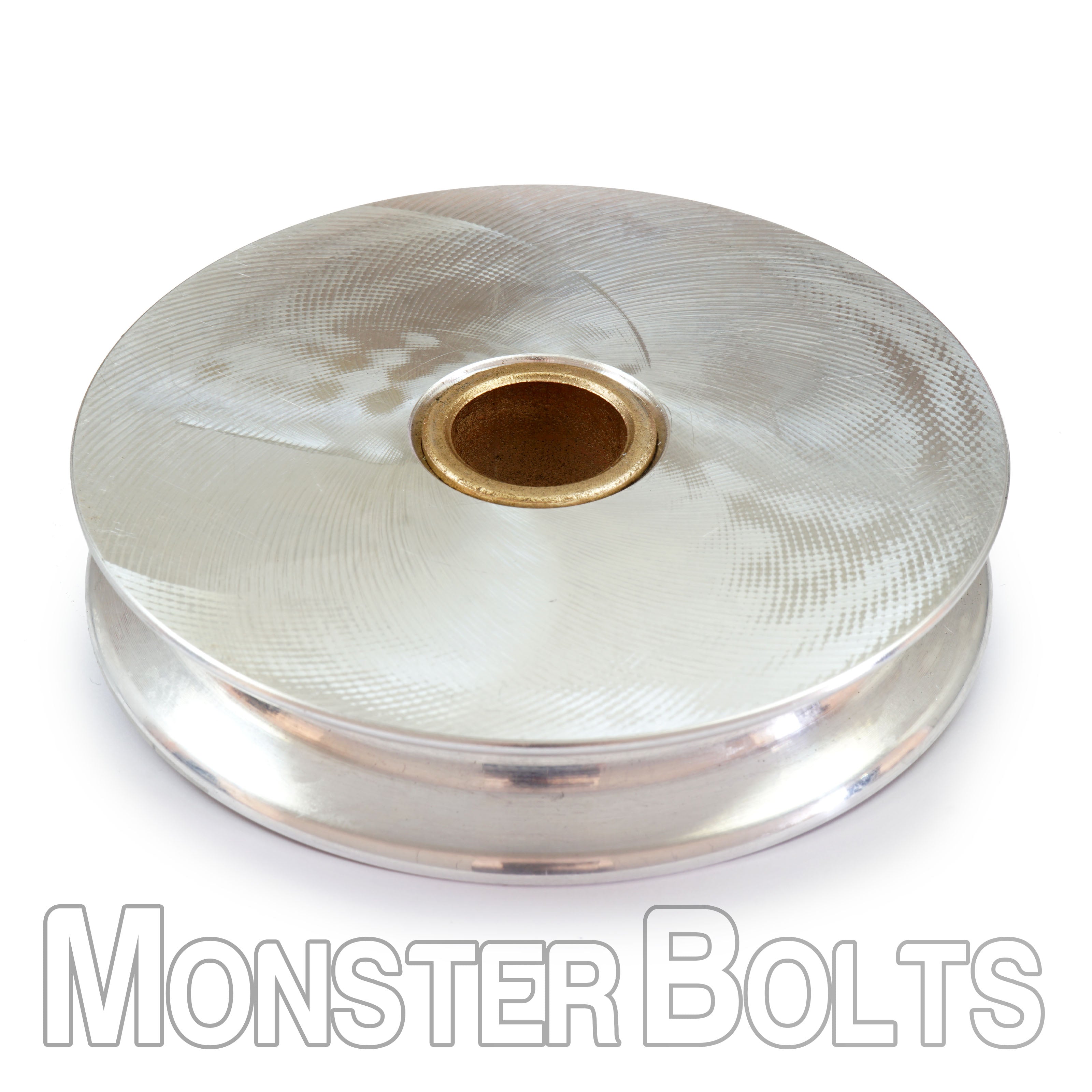 Heavy-duty boat lift sheave or pulley with 'Monster Bolts' branding on a white background