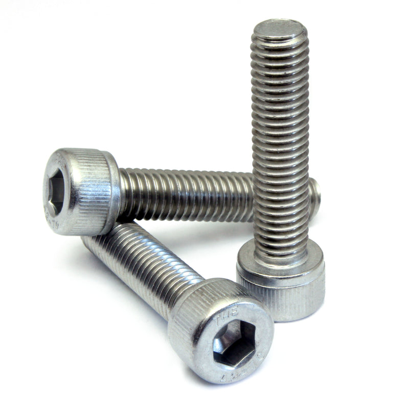 Stainless 1"-8 Socket Head cap screws on solid white background.