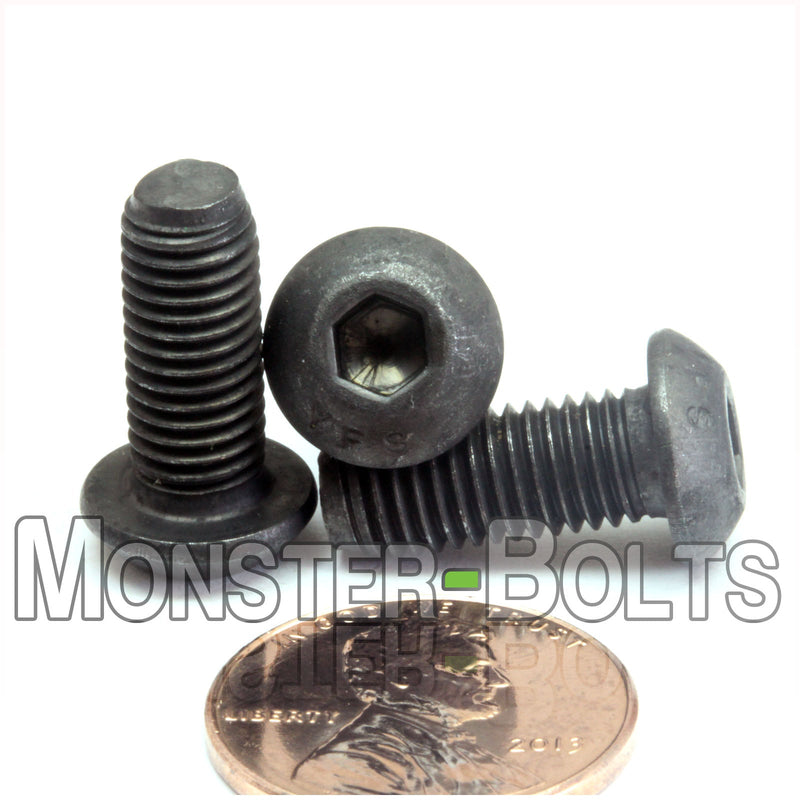Black 1/4-28 x 5/8 in. button head socket cap screws, with US penny for size.