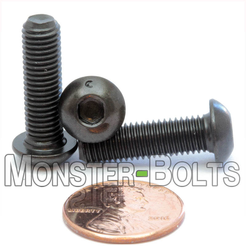 Black 1/4-28 x 7/8" socket button head screws, with US penny for size.