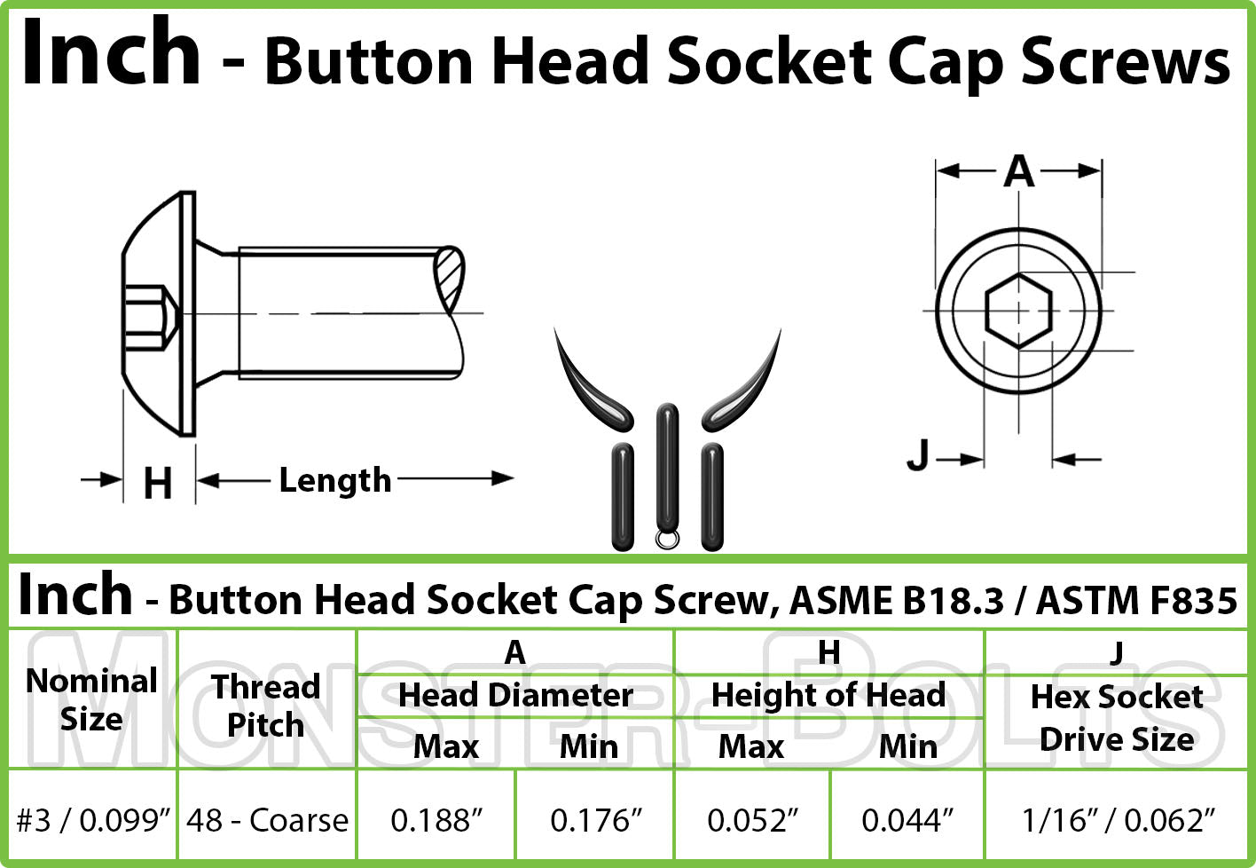 Spec sheet for #3-48 Button Head Socket Cap screws showing Head dimensions and hex key drive size.