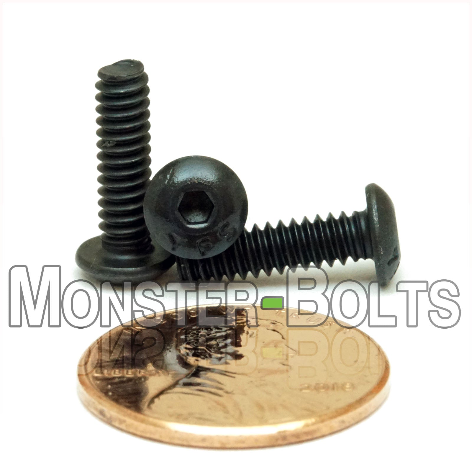 Alloy Steel #6-32 x 1/2" socket button head screws with black oxide finish. Shown with US penny for size.