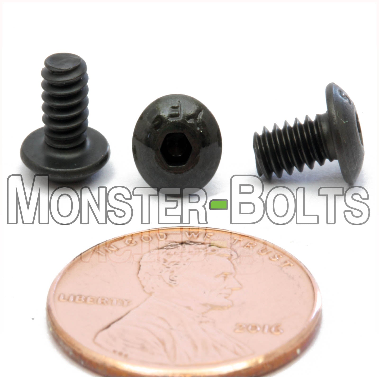 #6-32 x 1/4" socket button head screws with black oxide finish. Shown with US penny for size.