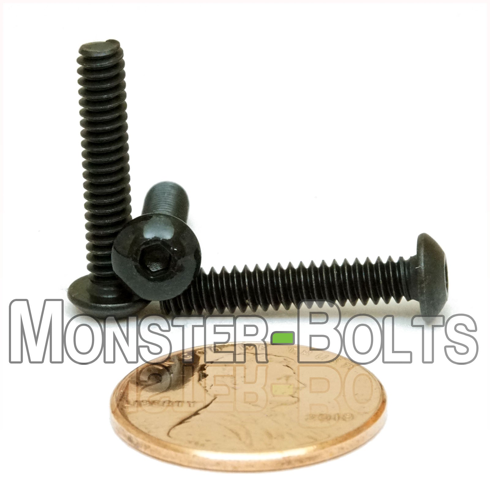 Alloy Steel #6-32 x 3/4" socket button head screws with black oxide finish. Shown with US penny for size.