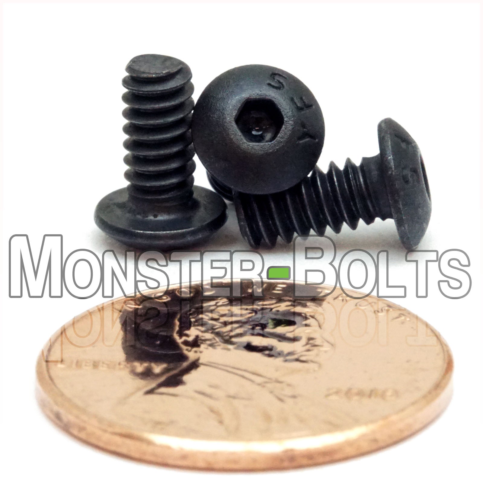 #6-32 x 5/16" socket button head screws with black oxide finish. Shown with US penny for size.