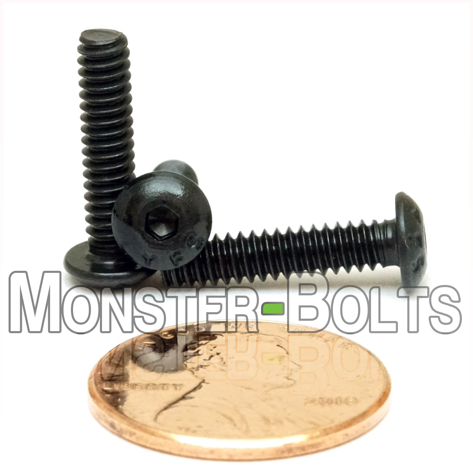 Alloy Steel #6-32 x 5/8" socket button head screws with black oxide finish. Shown with US penny for size.