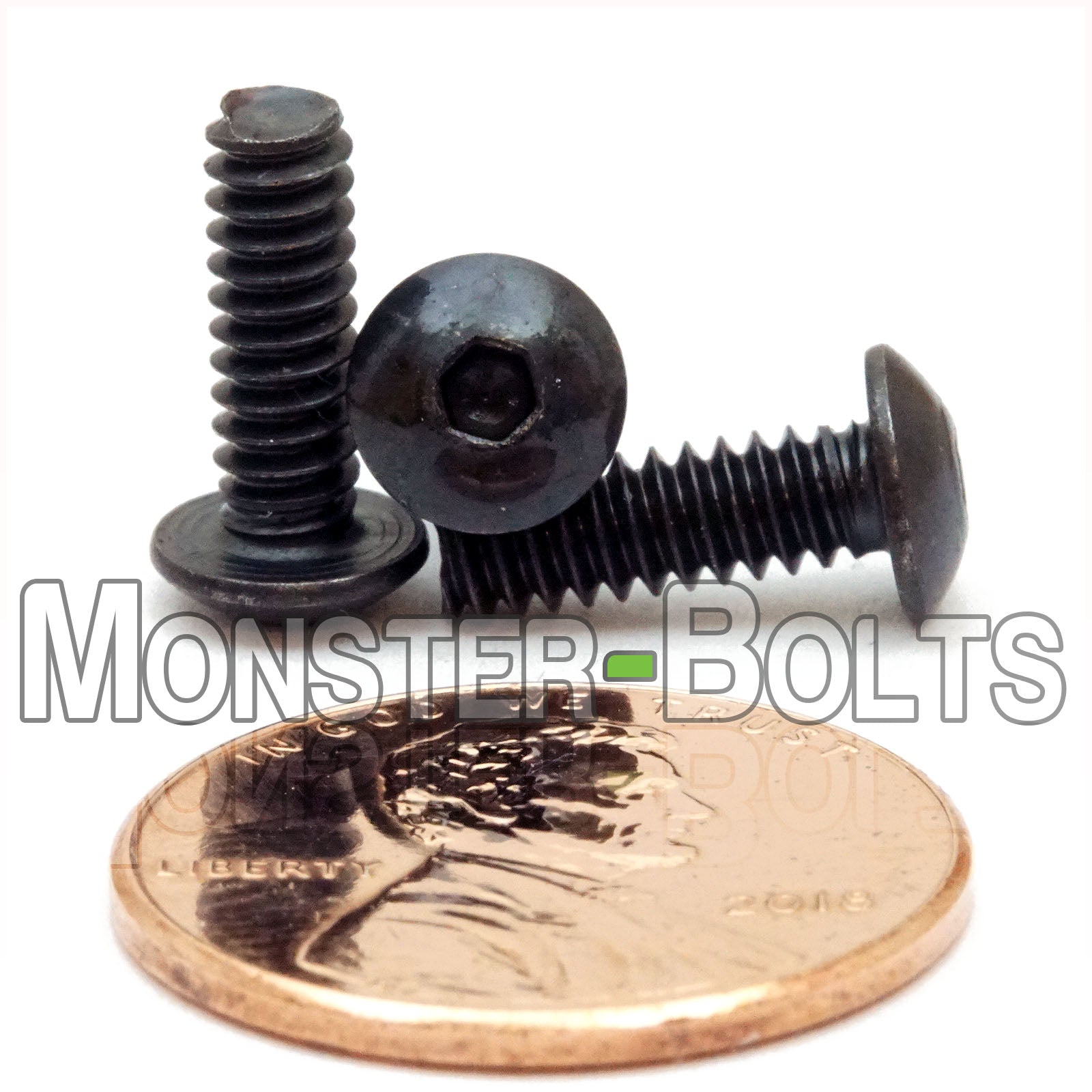 #6-32 x 7/16" socket button head screws with black oxide finish. Shown with US penny for size.