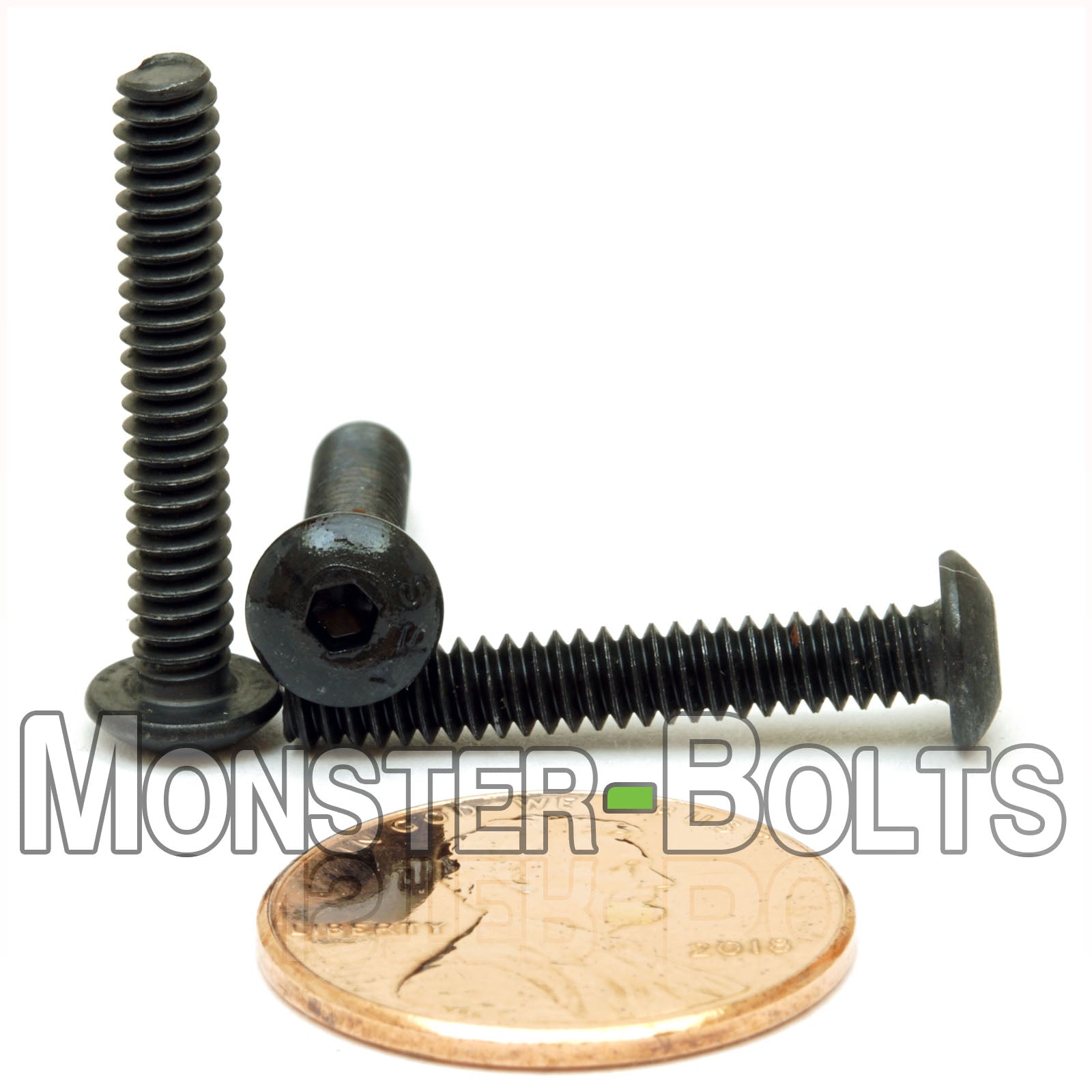 #6-32 x 7/8" socket button head screws with black oxide finish. Shown with US penny for size.