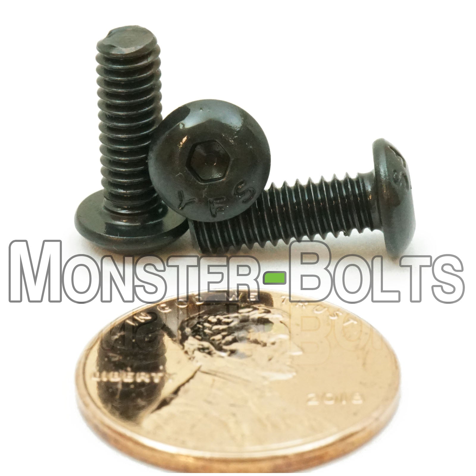 Black #8-32 x 1/2 in. button head socket cap screws, with US penny to show size.