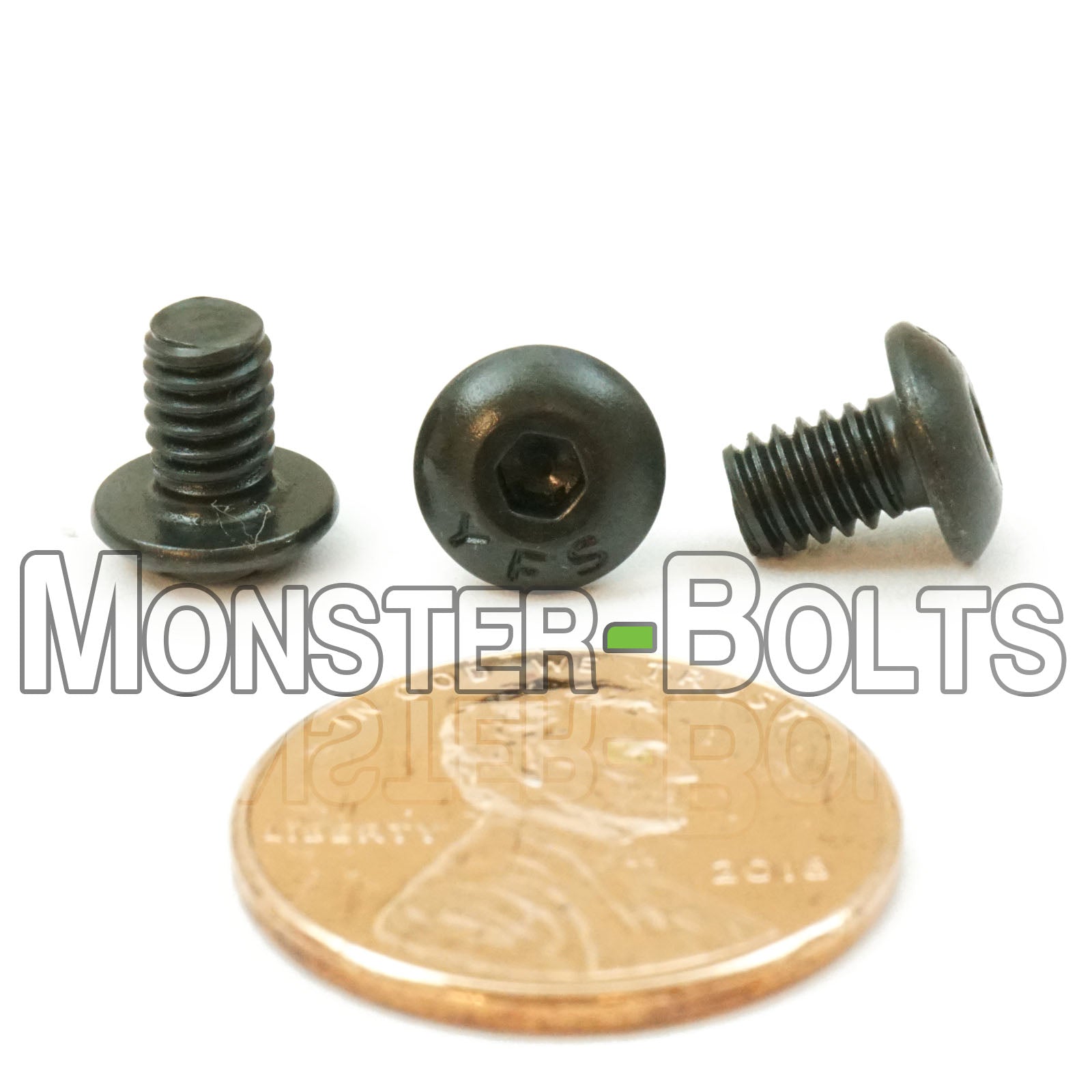 Black #8-32 x 1/4 in. socket button head screws, with US penny for size.