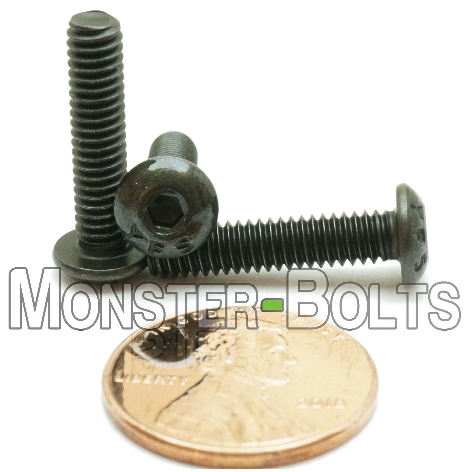 Black #8-32 x 3/4" button head socket cap screws, with US penny for size.