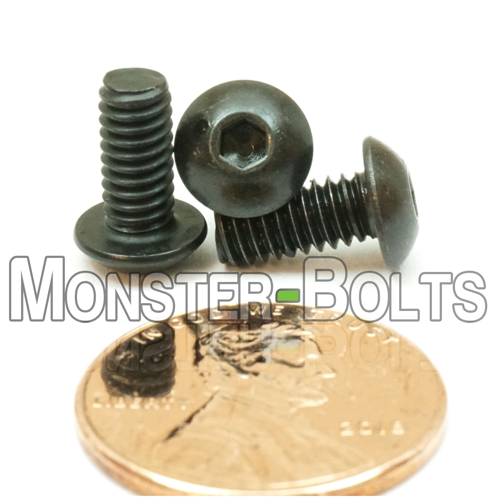 Black #8-32 x 3/8" button head socket cap screws, with US penny for size.