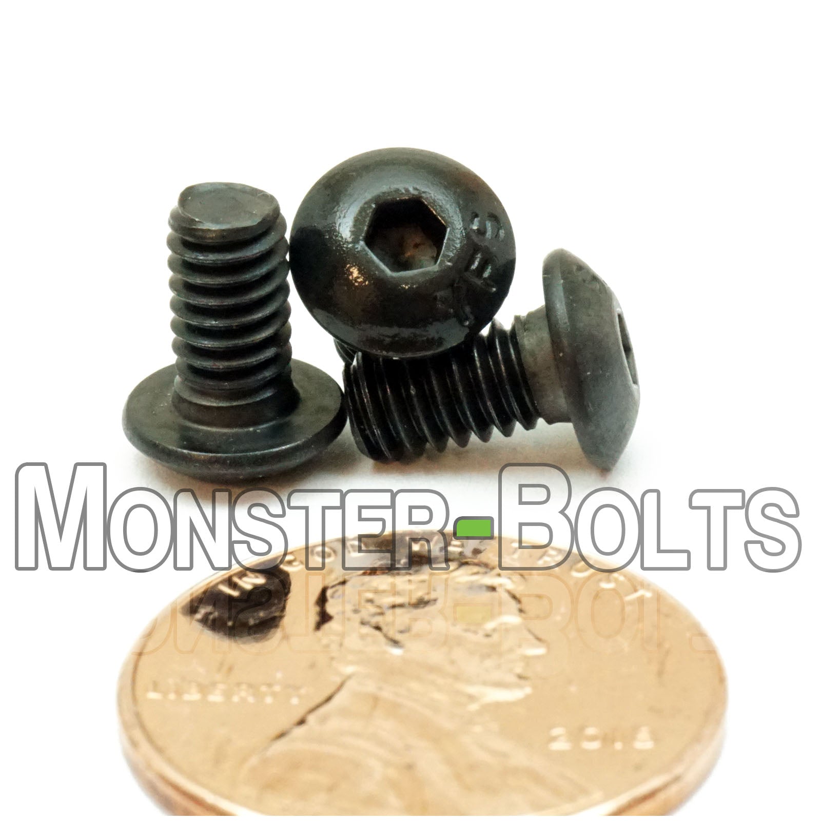 Black #8-32 x 5/16 in. button head socket cap screws, with US penny for size.