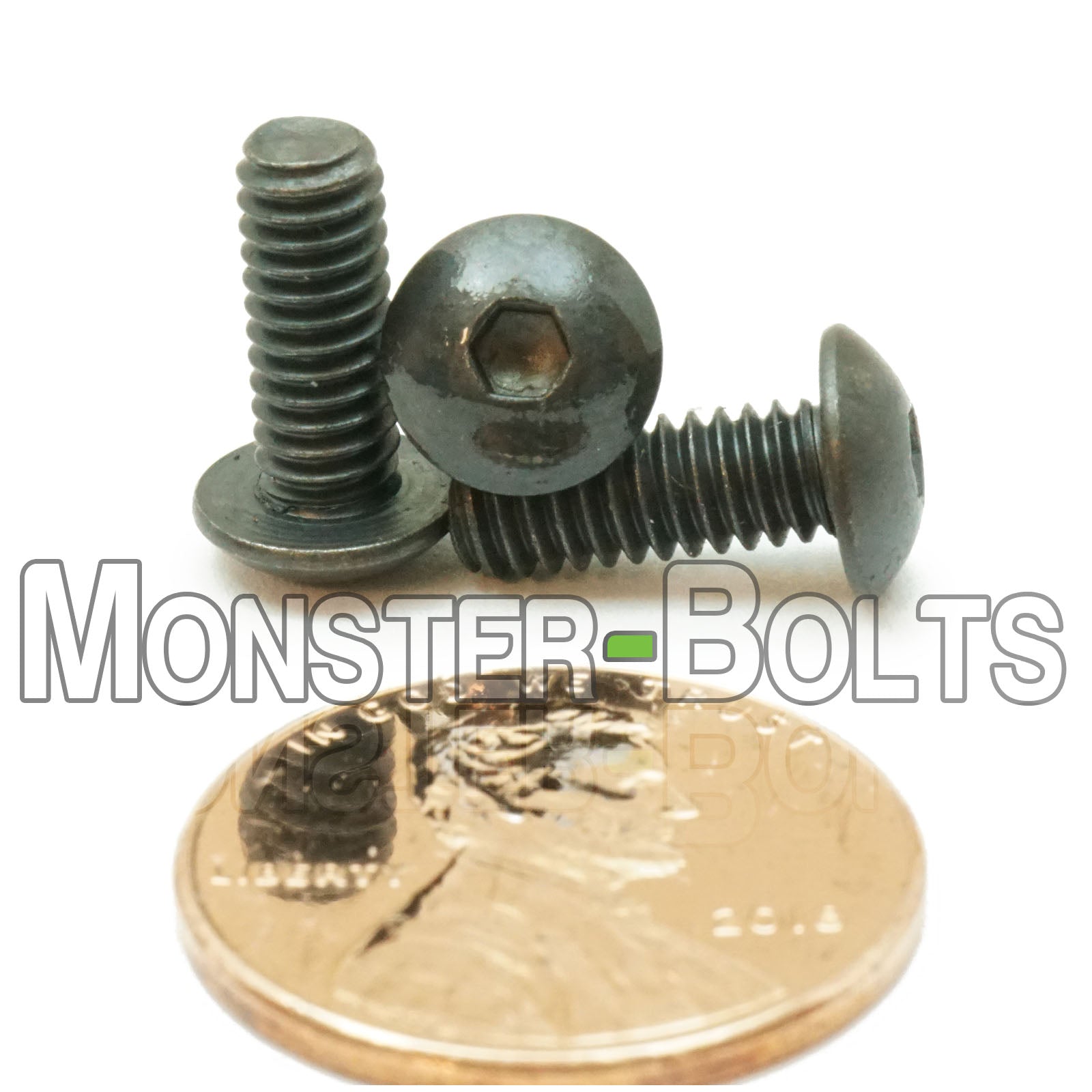 Black #8-32 x 7/16" socket button head screws, with US penny for size.