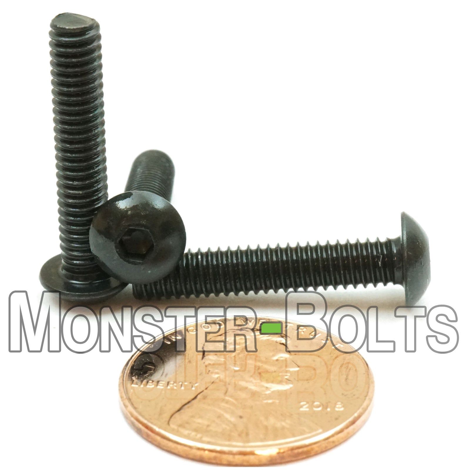  #8-32 x 7/8" Socket Button Head screw, alloy steel with black oxide finish. Shown with US penny for screw size.