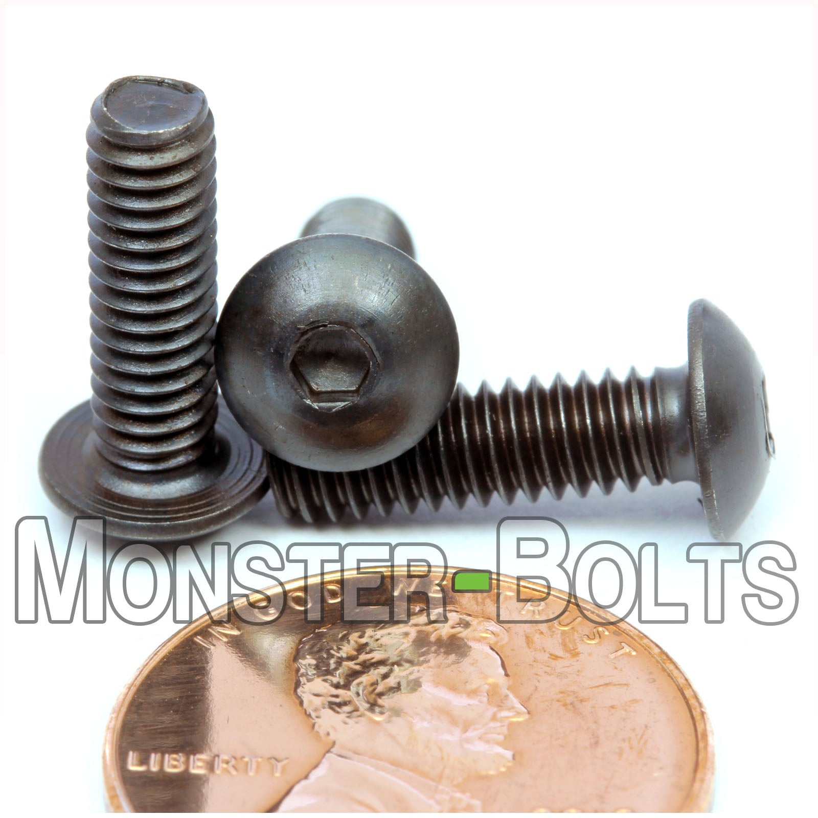 Black #8-32 x 9/16" button head socket cap screws, with US penny for size.