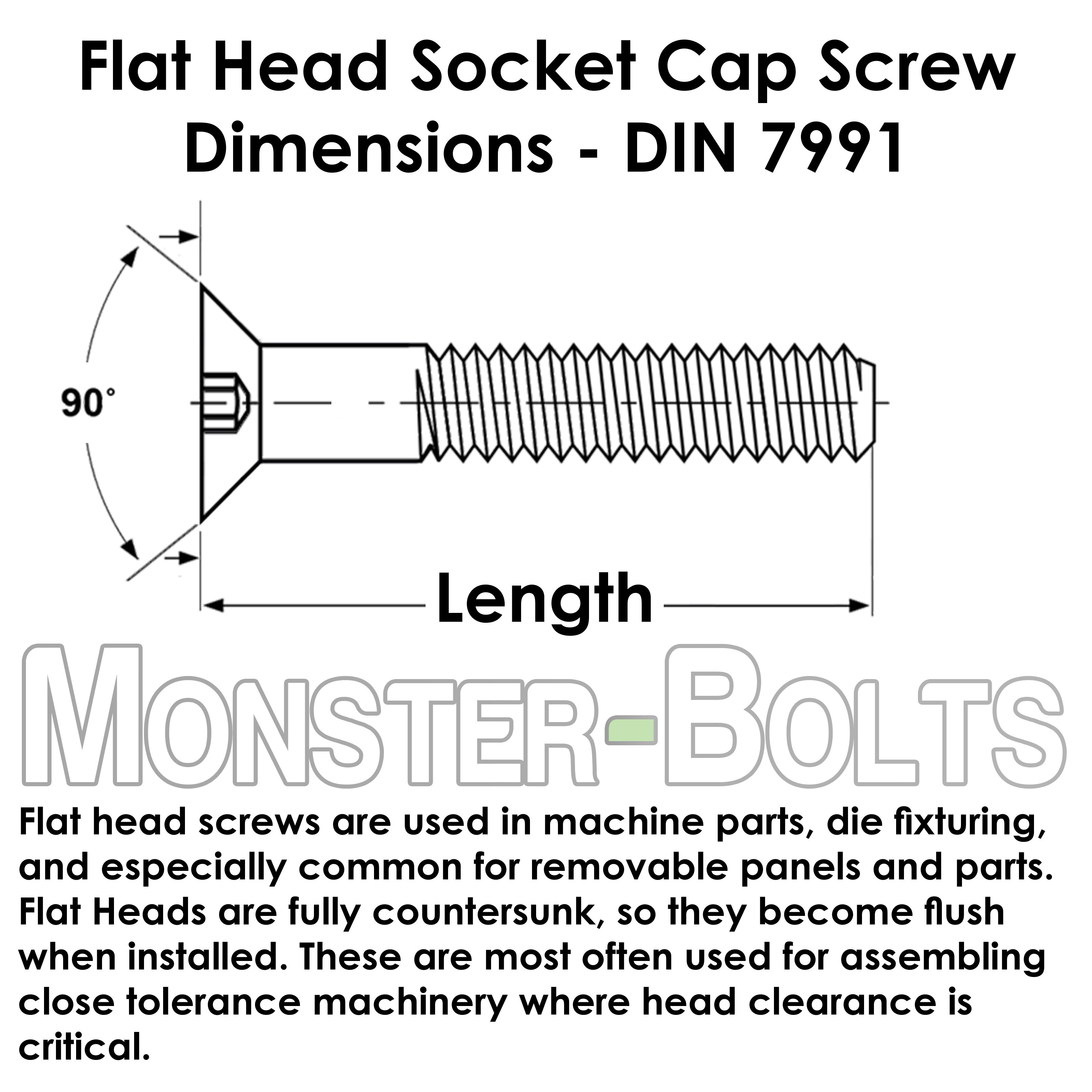 Flat head screws are used in machine parts, die fixturing, and especially common for removable panels and parts. Flat Heads are fully countersunk, so they become flush when installed. These are most often used for assembling close tolerance machinery where head clearance is critical.