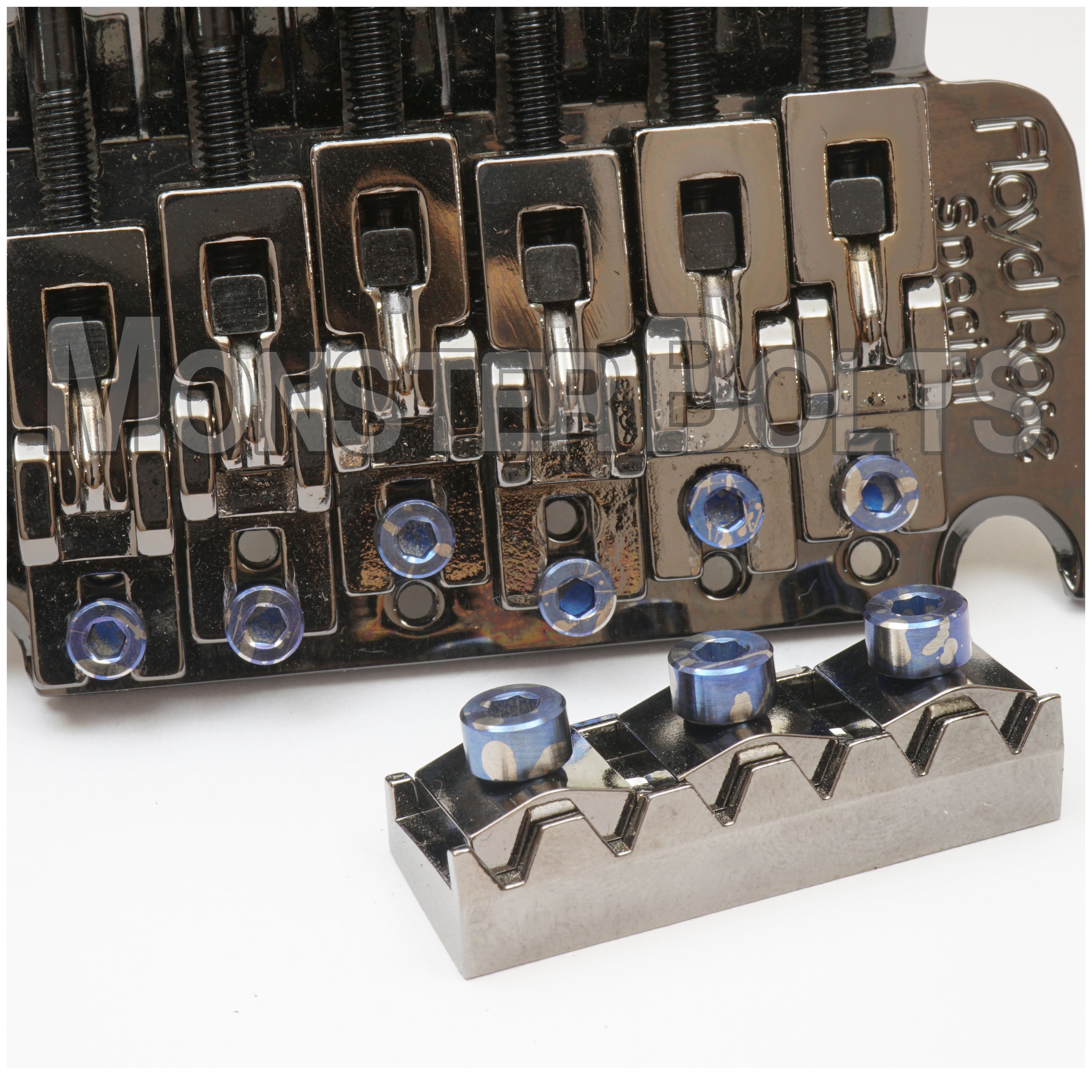 SOLD - 1 Available - Set of Blue Splatter Anodized Titanium Locking Nut and Intonation - For Floyd Rose