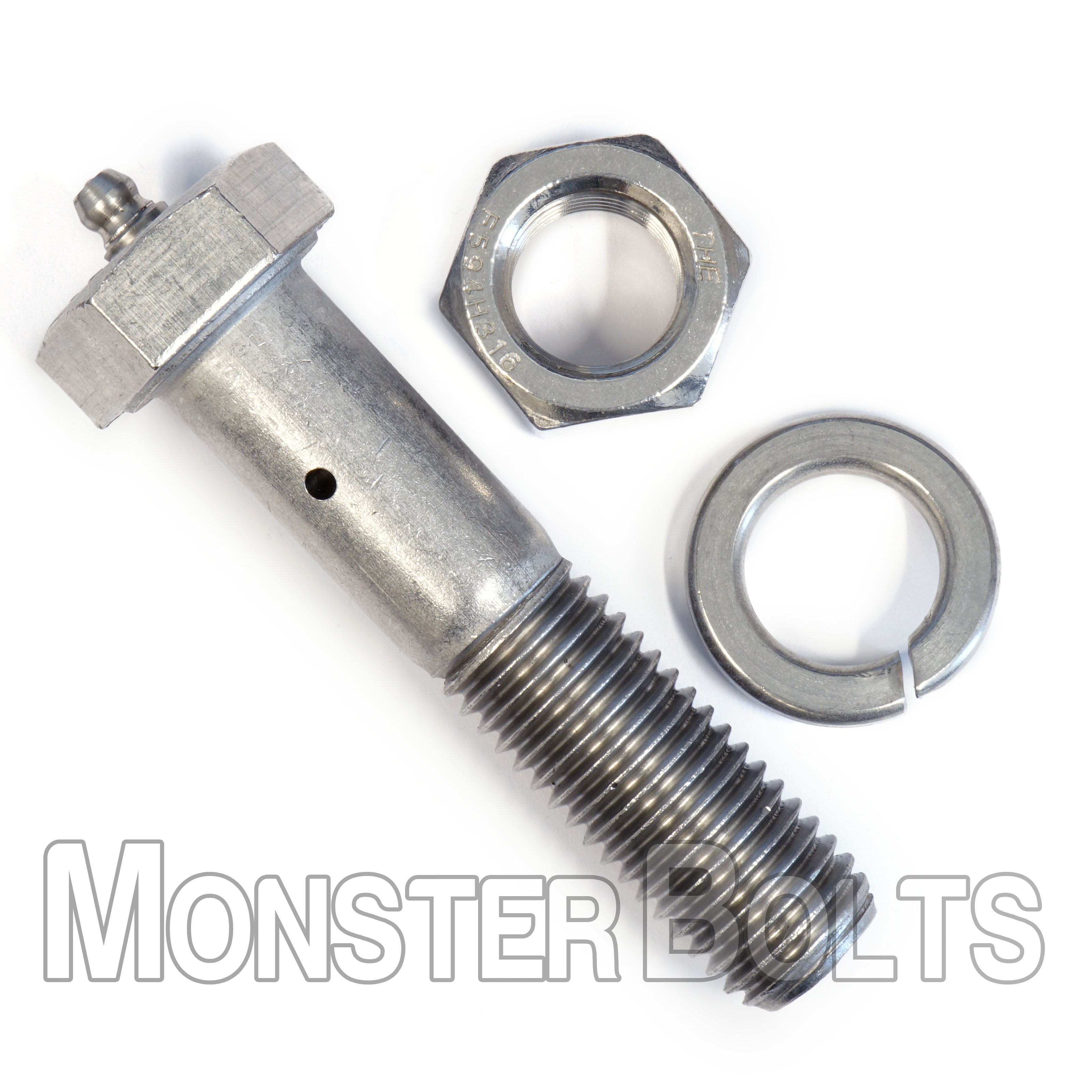 USA-Machined 3/4" x 3-1/2" 316 Stainless Steel Axle Bolt Kit with Zerk Fitting, Hex Nut & Lock Washer