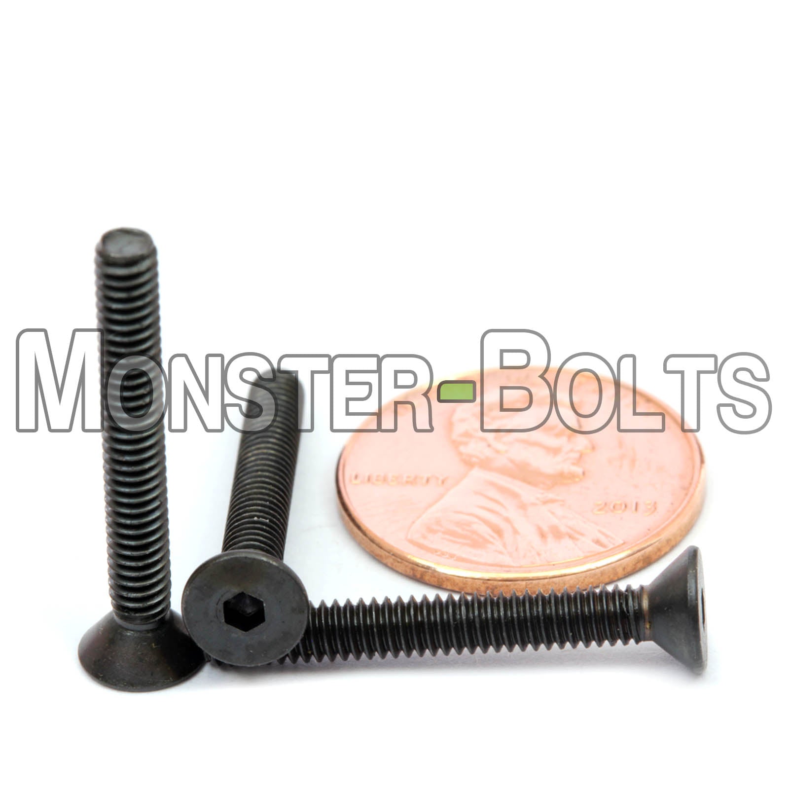 Black #5-40 x 1" flat head socket screws, with US penny for size.