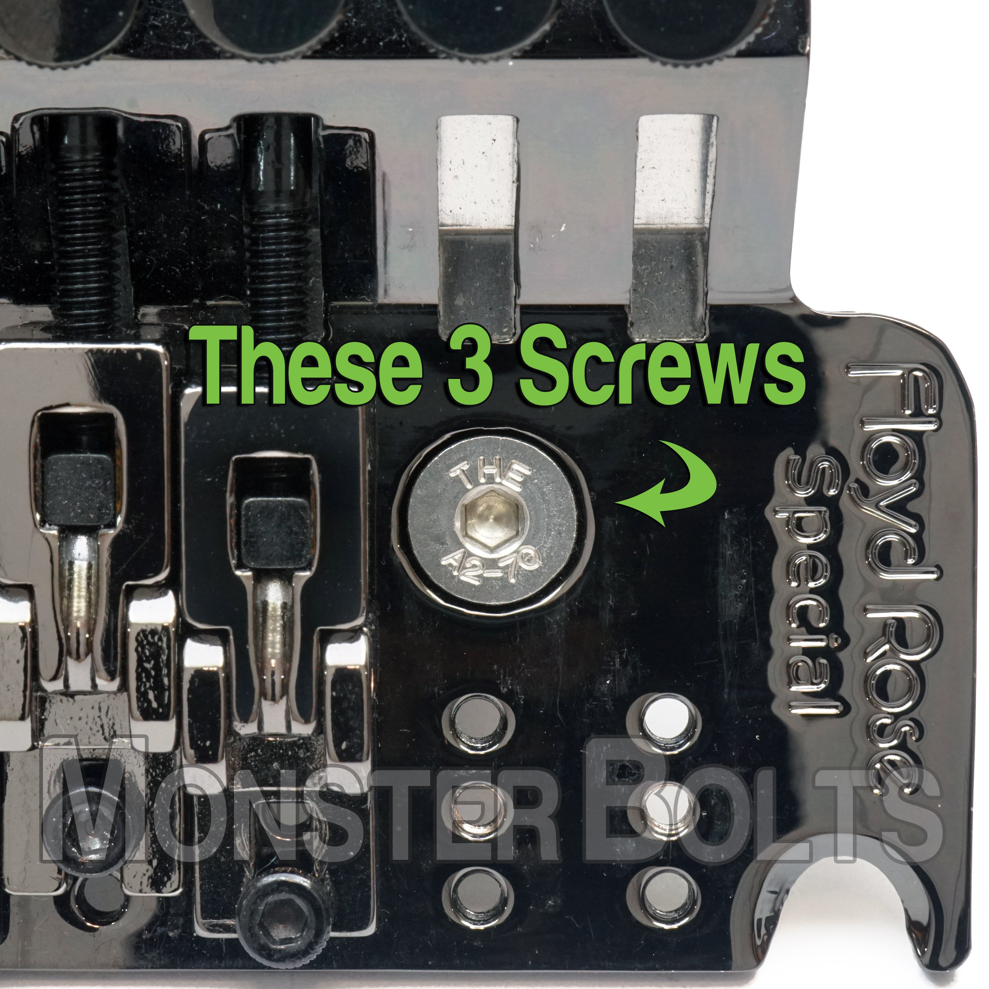 FRTBMSTIP Floyd Rose block mounting screws in stainless steel. Shown on Tremolo with screw sold highlighted.