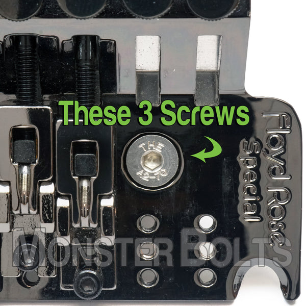FRTBMSTIP Floyd Rose block mounting screws in stainless steel. Shown on Tremolo with screw sold highlighted.