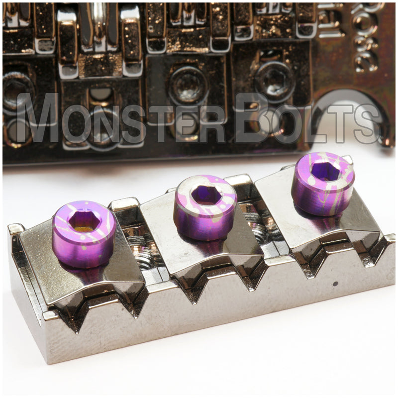 1 Available - Set of Blue Purple Splatter Anodized Titanium String Lock and Locking Nut - For Floyd Rose