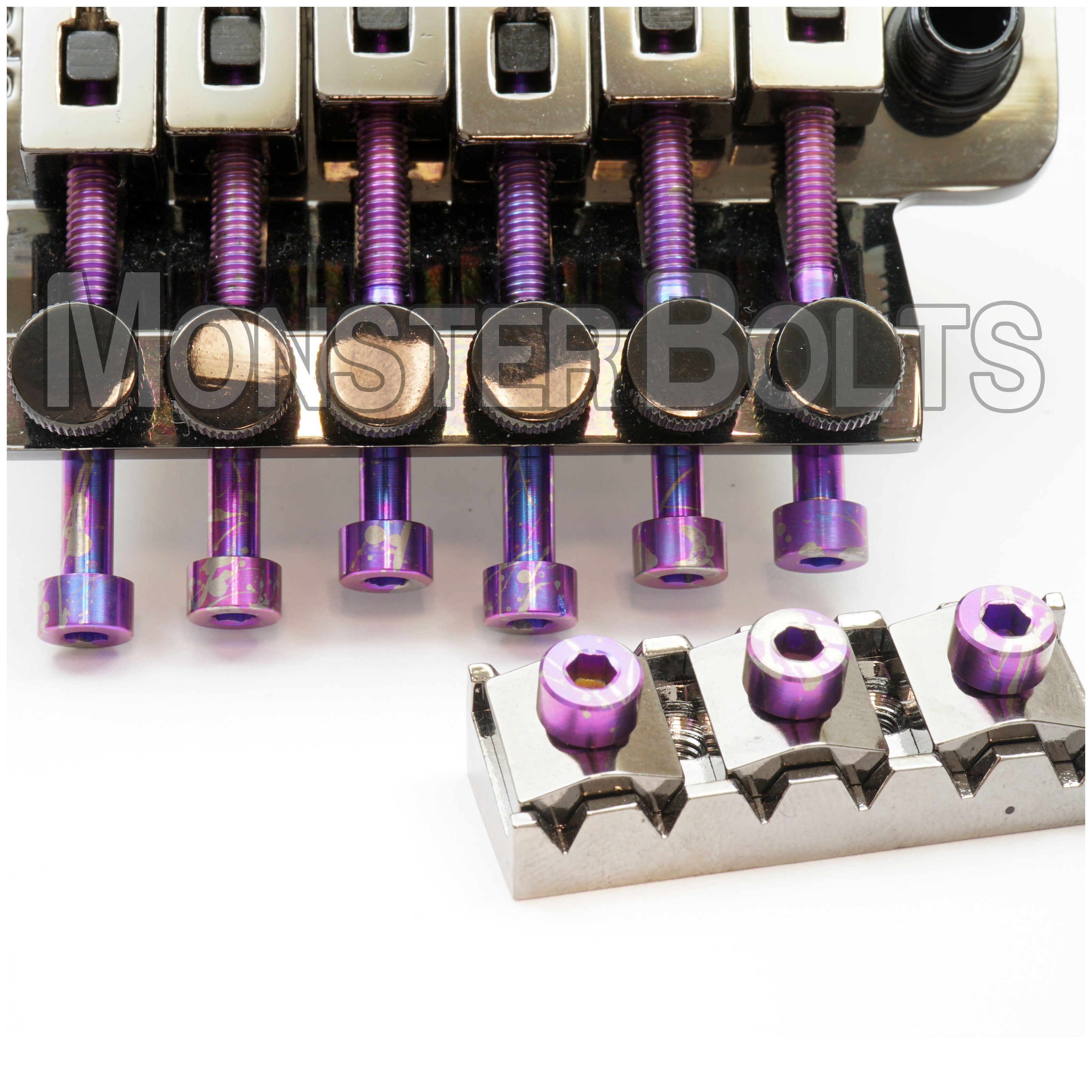 SOLD - Set of Blue Purple Splatter Anodized Titanium String Lock and Locking Nut - For Floyd Rose