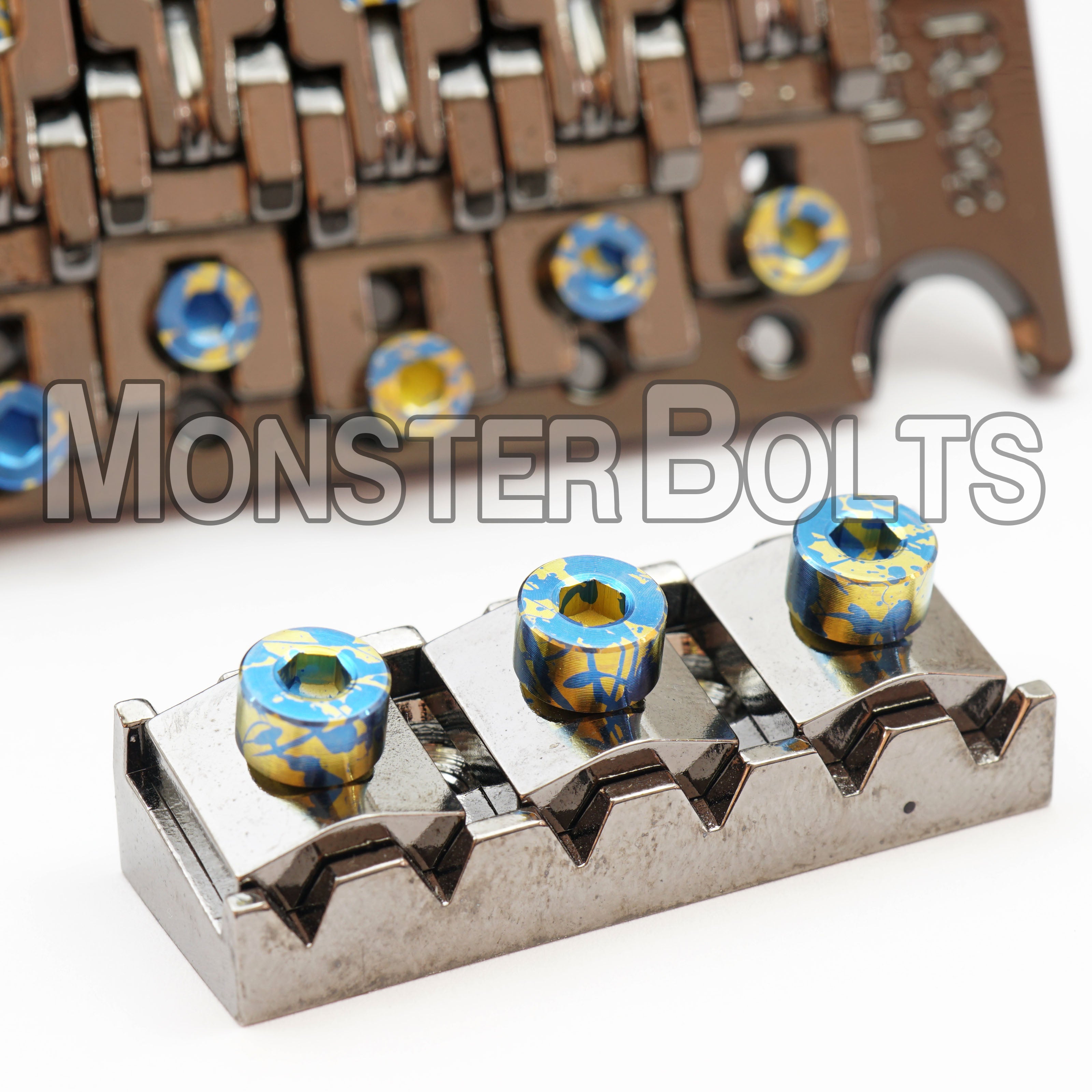 Full Set of Gold and Blue Splatter Anodized Titanium - For Floyd Rose / Ibanez Edge