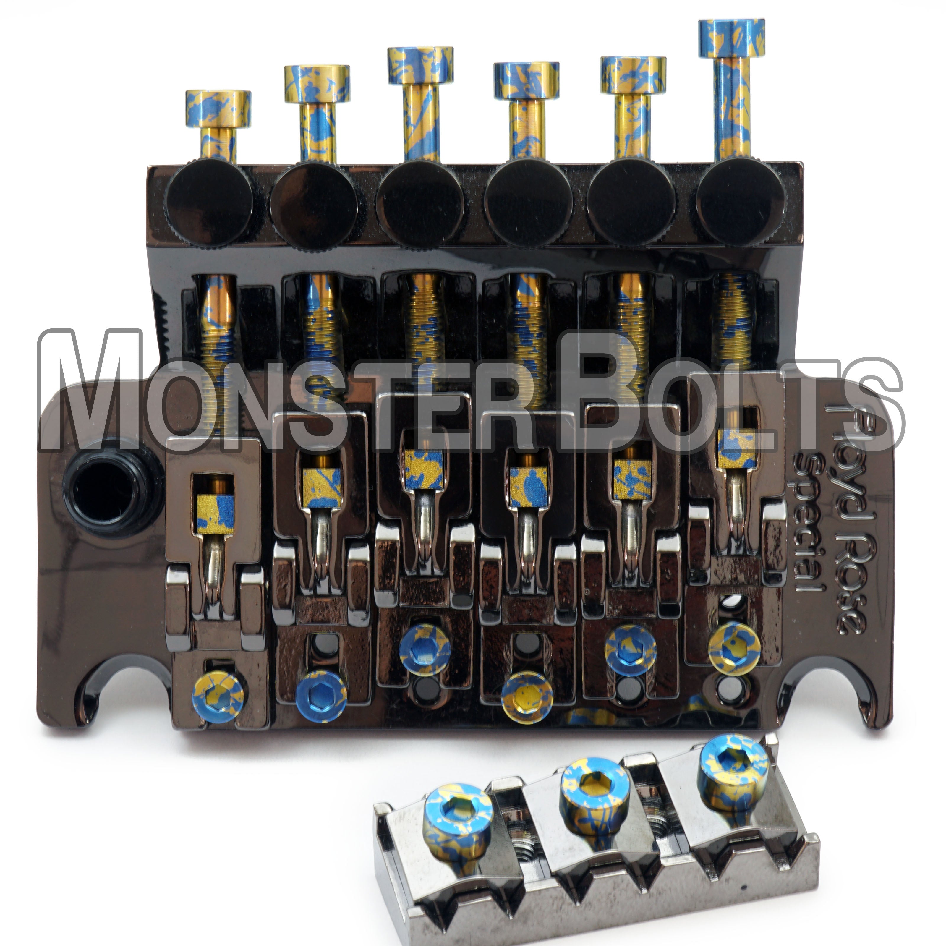 Full Set of Gold and Blue Splatter Anodized Titanium - For Floyd Rose / Ibanez Edge