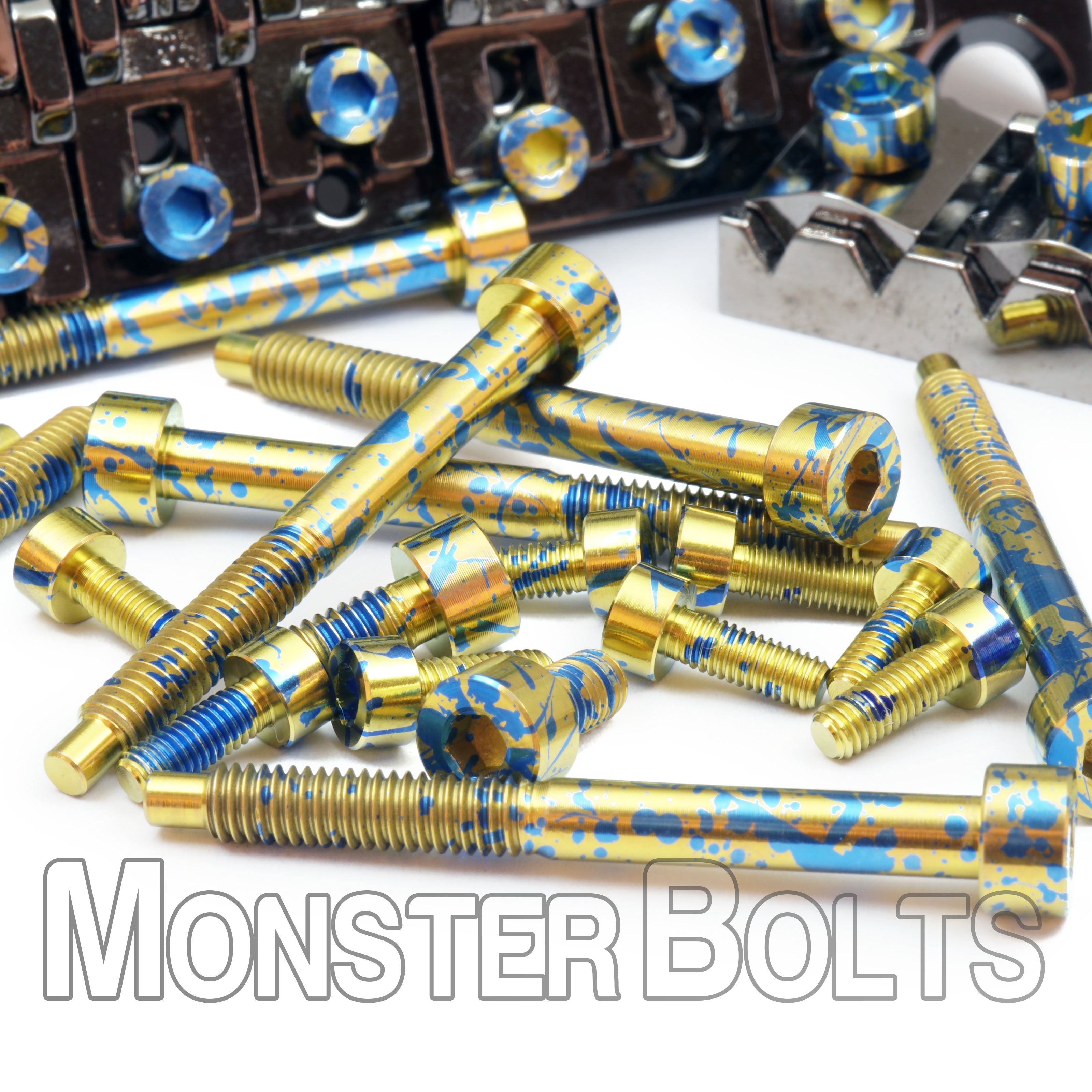 Full Set of Gold and Blue Splatter Anodized Titanium - For Floyd Rose / Ibanez Edge