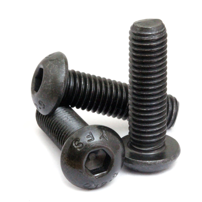 Black SAE 1/4-28 Button Head Socket screws stacked to show different angles on white.