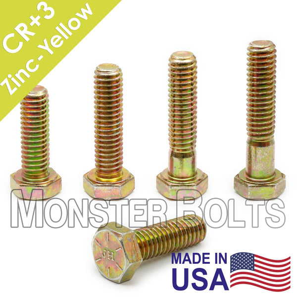 BULK 1-1/4"-12 Fine Thread Hex Cap Bolts / Screws Grade 8 Alloy Steel, Zinc-Yellow, Made in USA
