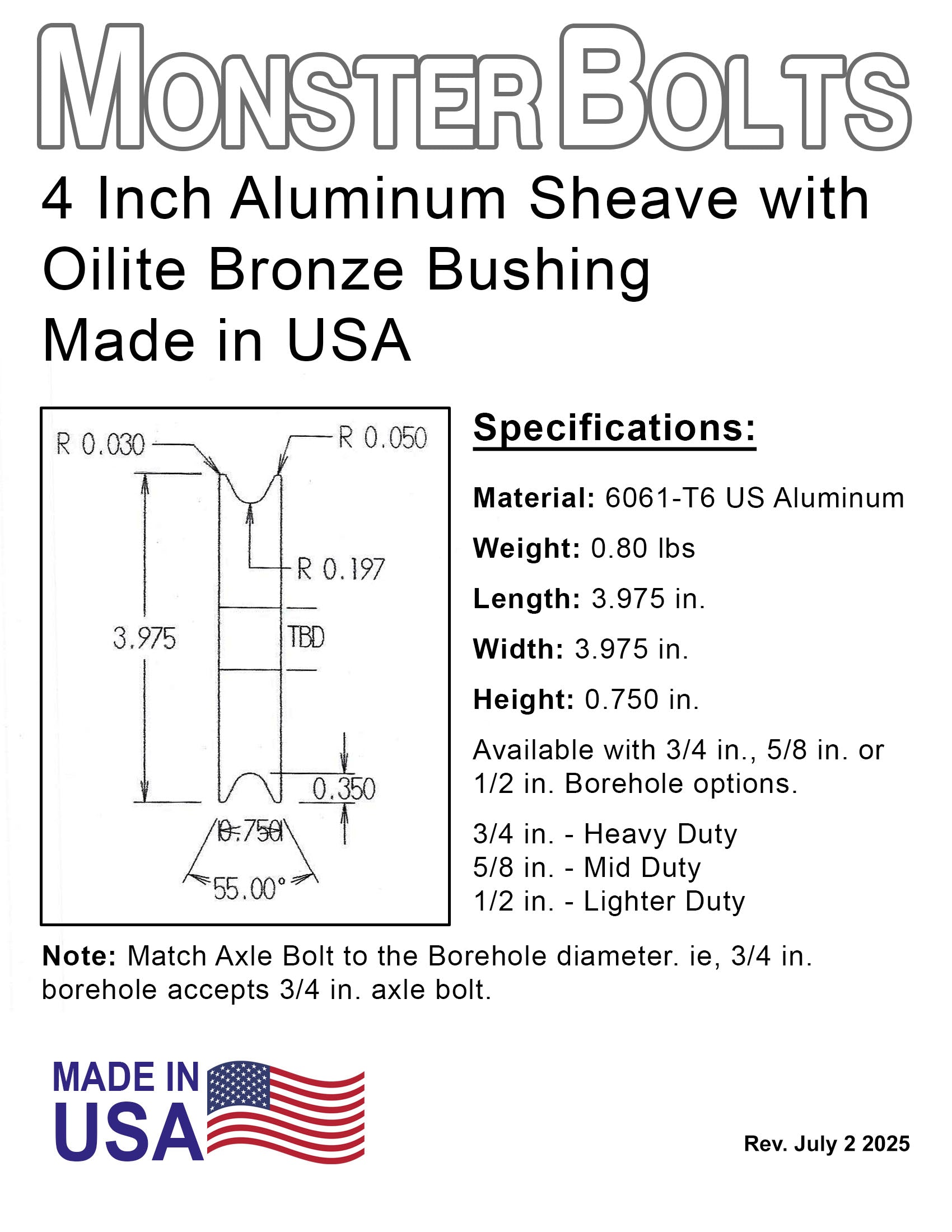 USA-Made 4" x 3/4" Aluminum Sheave, 3/4" Oilite Bronze Bushing - Smooth & Reliable Pulley for Boat Lifts