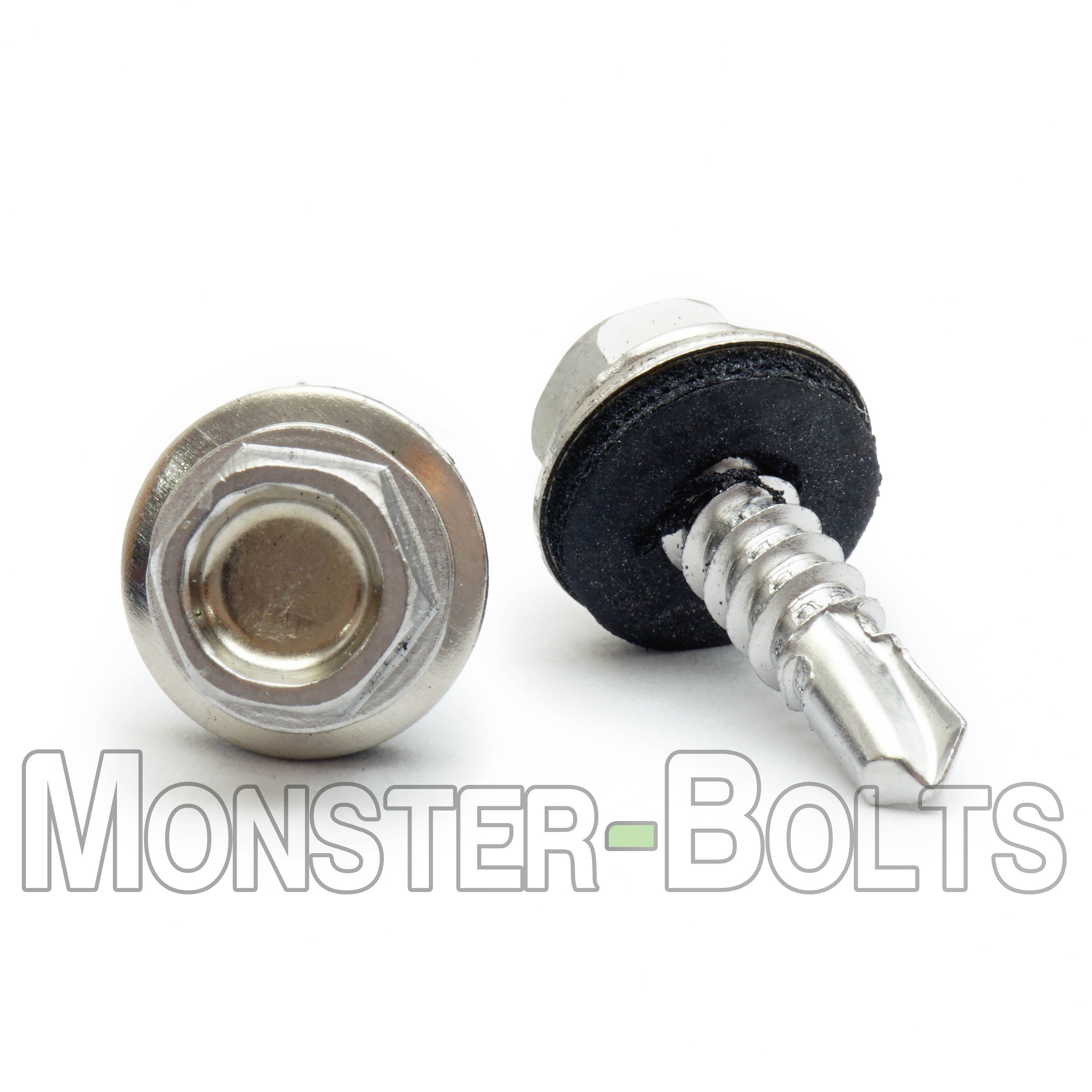 #10 Indent Hex Washer Head Self-Drilling Screws (#3 Point), Hardened 410 Stainless w/ Bonded EPDM Washer (Bulk)