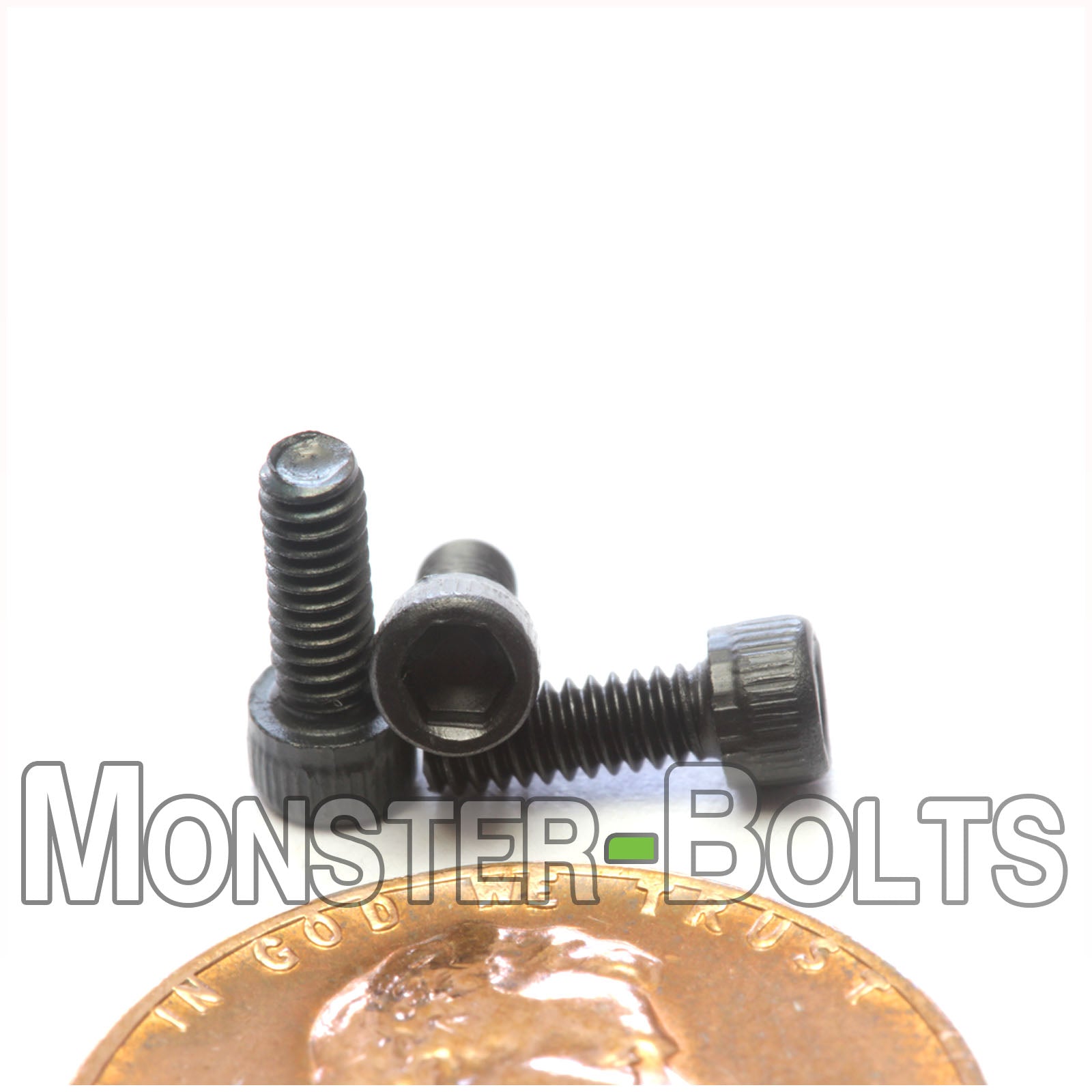 #2-56 x 1/4" Socket Head Cap screw, alloy steel with black oxide finish. Shown with US penny for screw size.