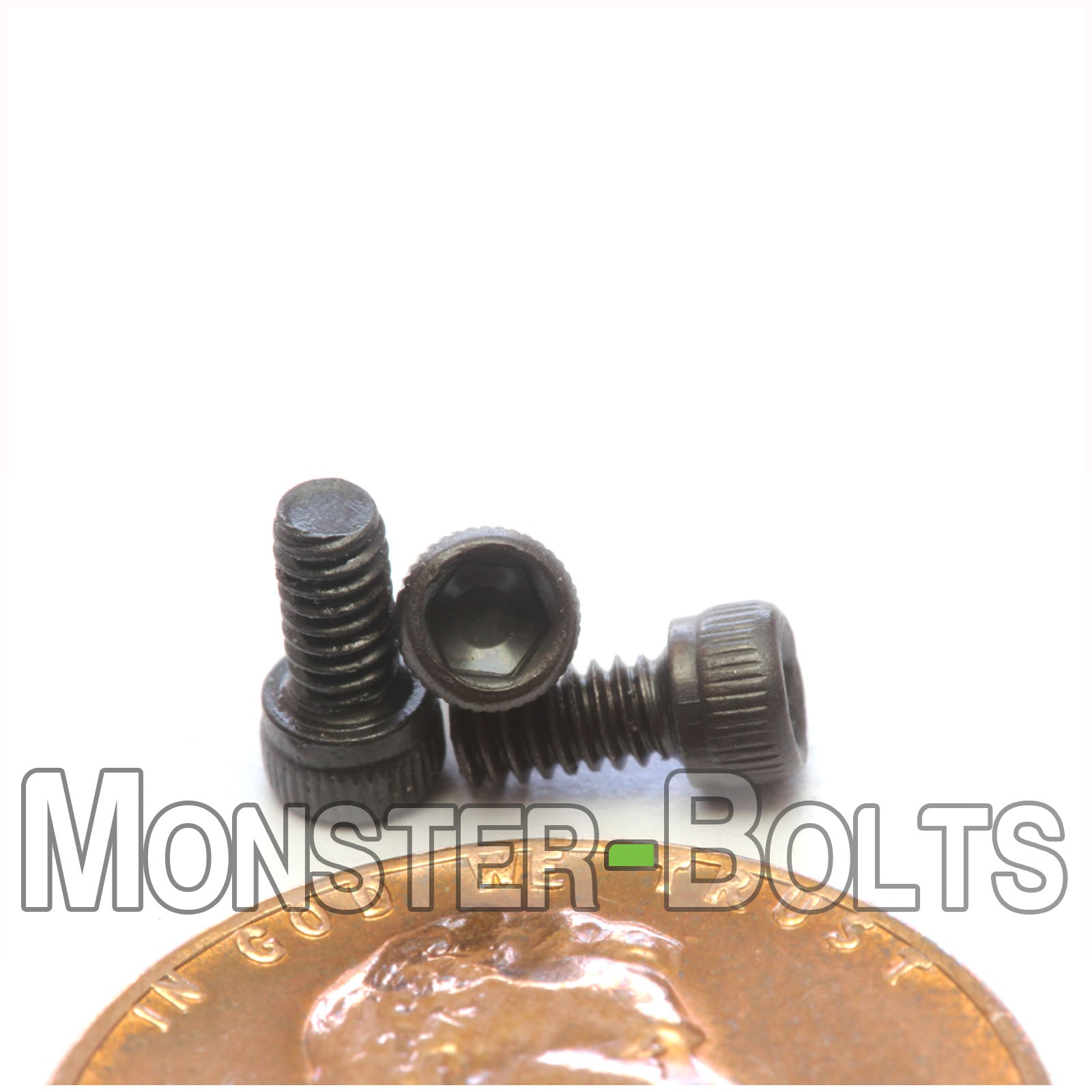 #2-56 x 3/16" Socket Head Cap screw, alloy steel with black oxide finish. Shown with US penny for screw size.