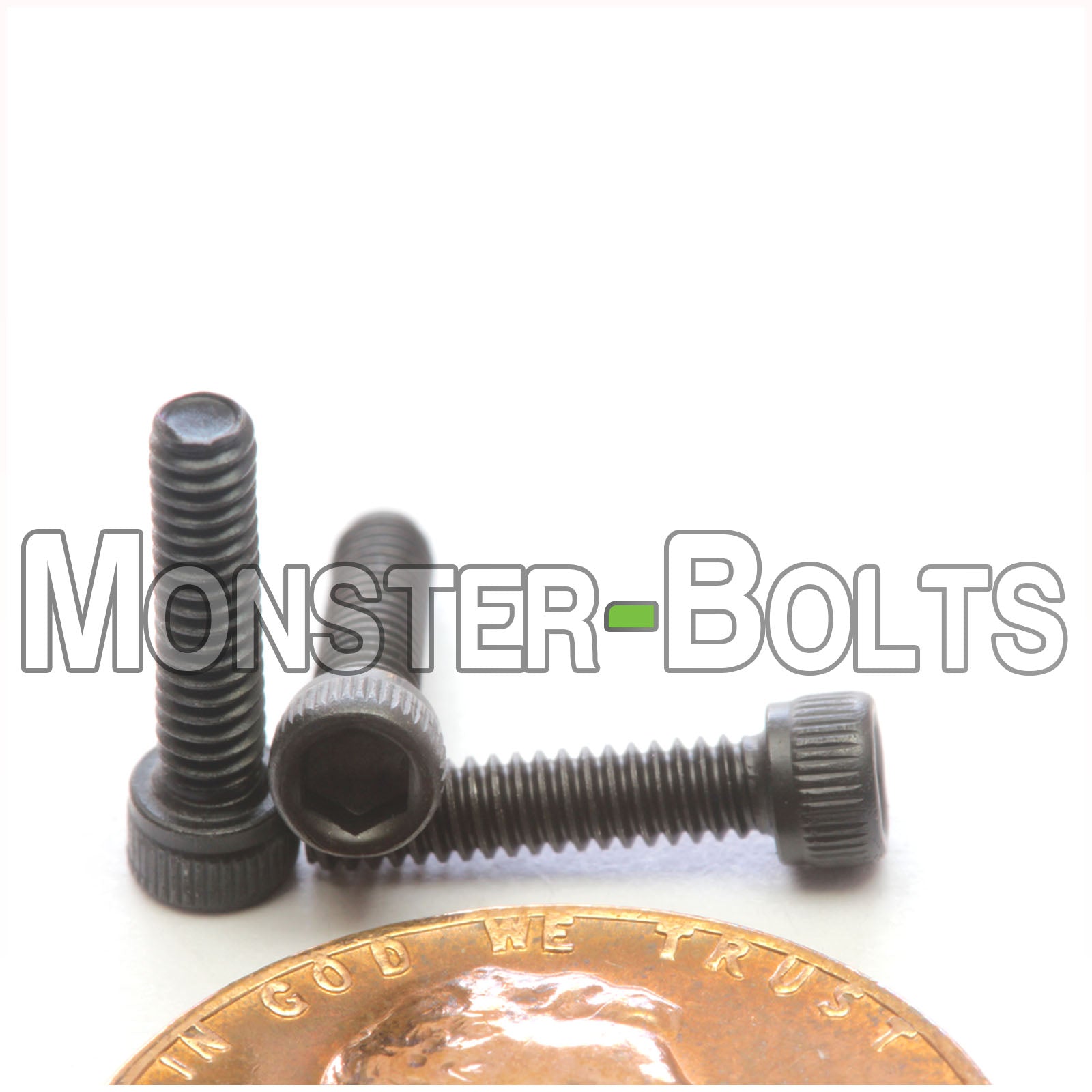 #2-56 x 3/8" Socket Head Cap screw, alloy steel with black oxide finish. Shown with US penny for screw size.