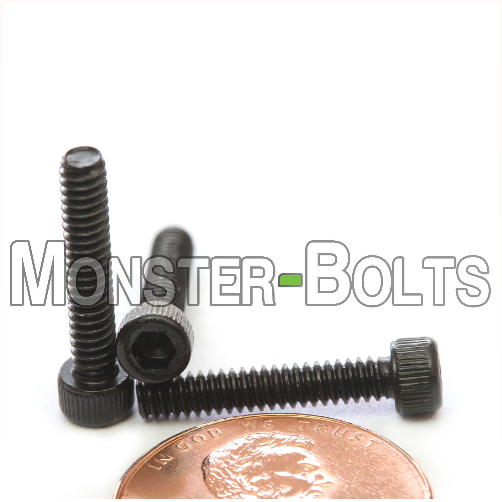 #4-40 x 5/8" Socket Cap screw, alloy steel with black oxide finish. Shown with US penny for screw size.