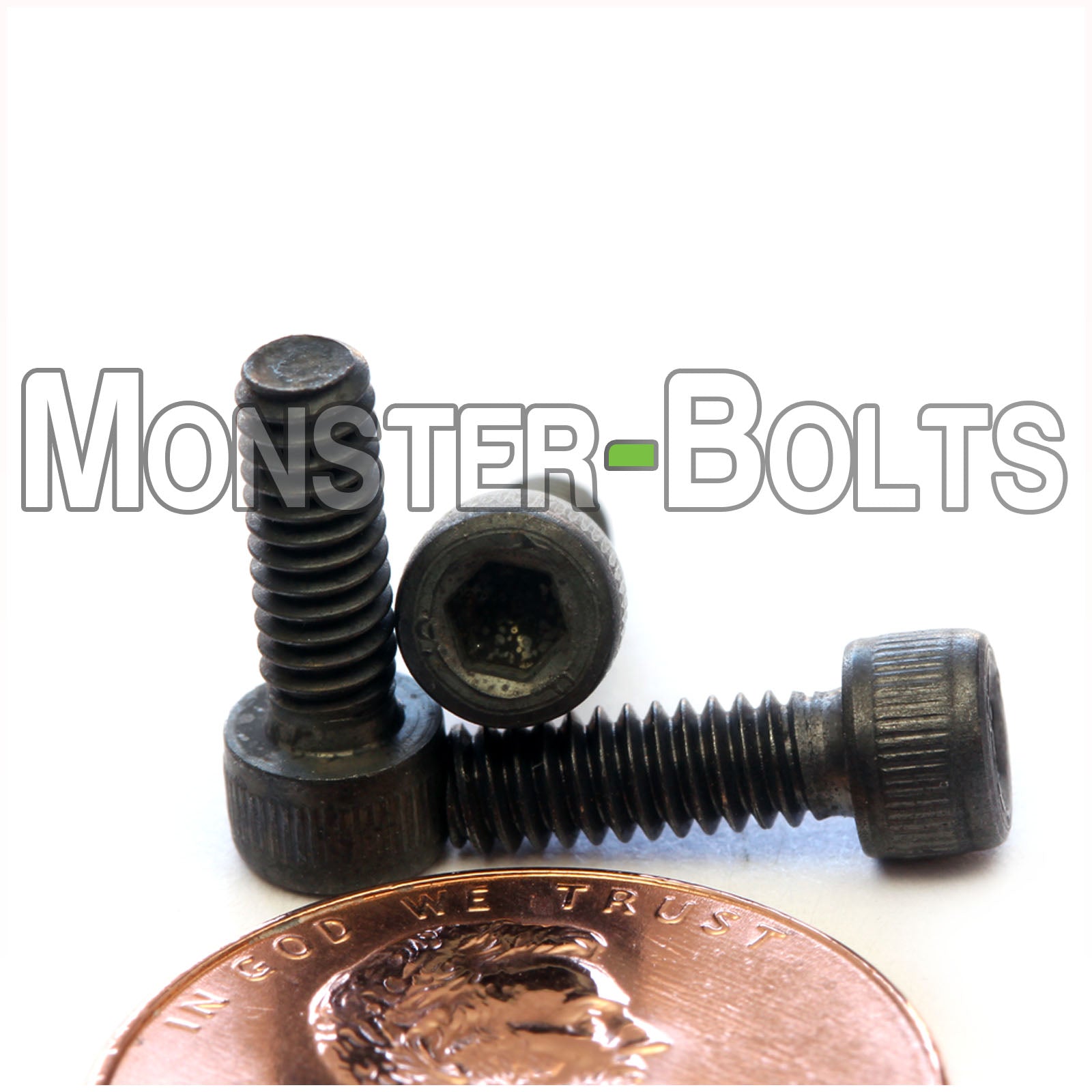 #5-40 x 3/8" Socket Head Cap screw, alloy steel with black oxide finish. Shown with US penny for scale.