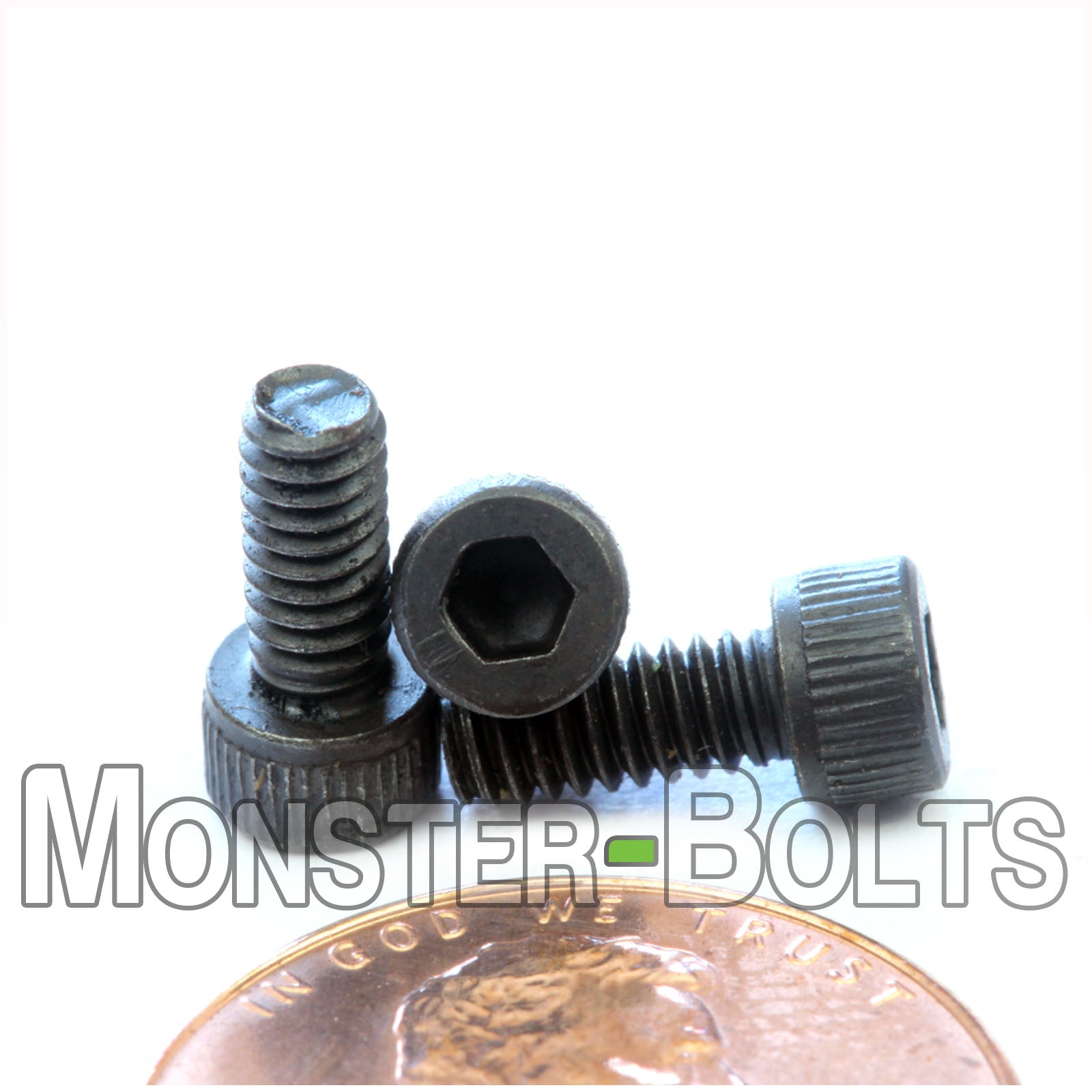 #5-40 x 5/16" Socket Cap screw, alloy steel with black oxide finish. Shown with US penny for screw size.