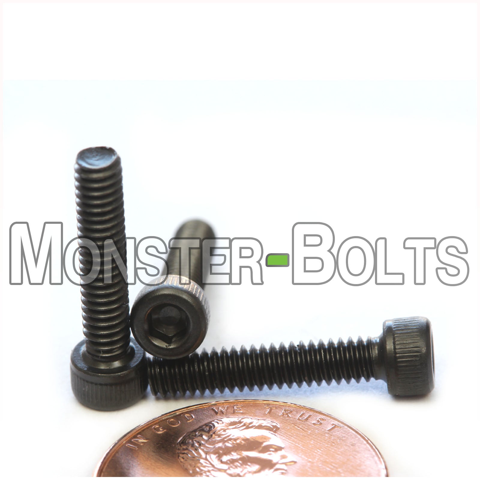 #5-40 x 5/8" Socket Cap screw, alloy steel with black oxide. Shown with US penny for scale.