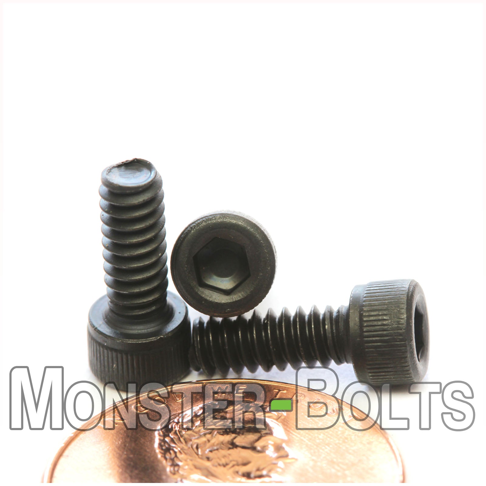 #6-32 x 3/8" Socket Head Cap screw, alloy steel with black oxide finish. Shown with US penny for screw size.