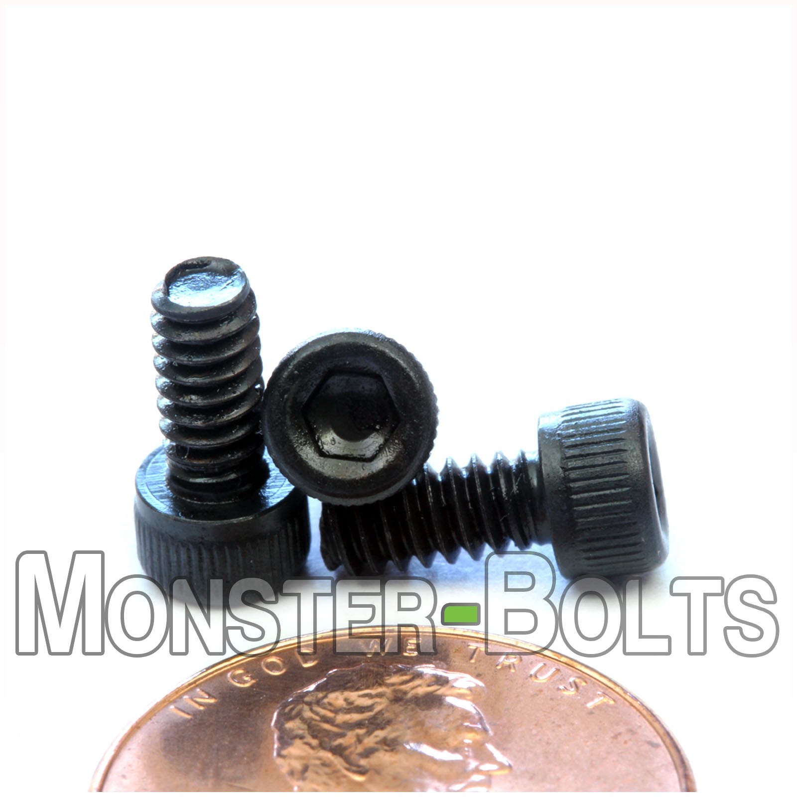 #6-32 x 5/16" Socket Cap screw, alloy steel with black oxide finish. Shown with US penny for screw size.